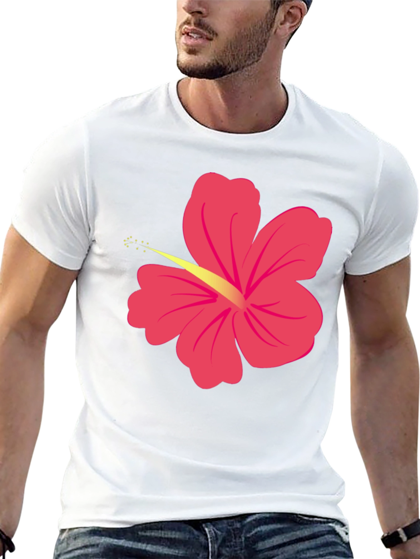 Black T-Shirt with Pink Hibiscus Flower Graphic