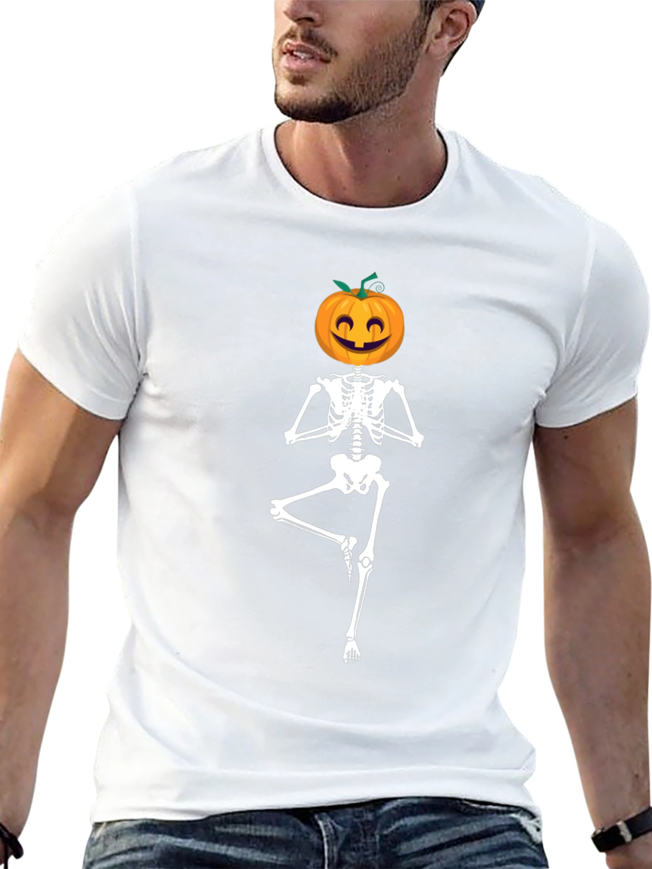 Halloween Skeleton Yoga Pumpkin Head T-Shirt