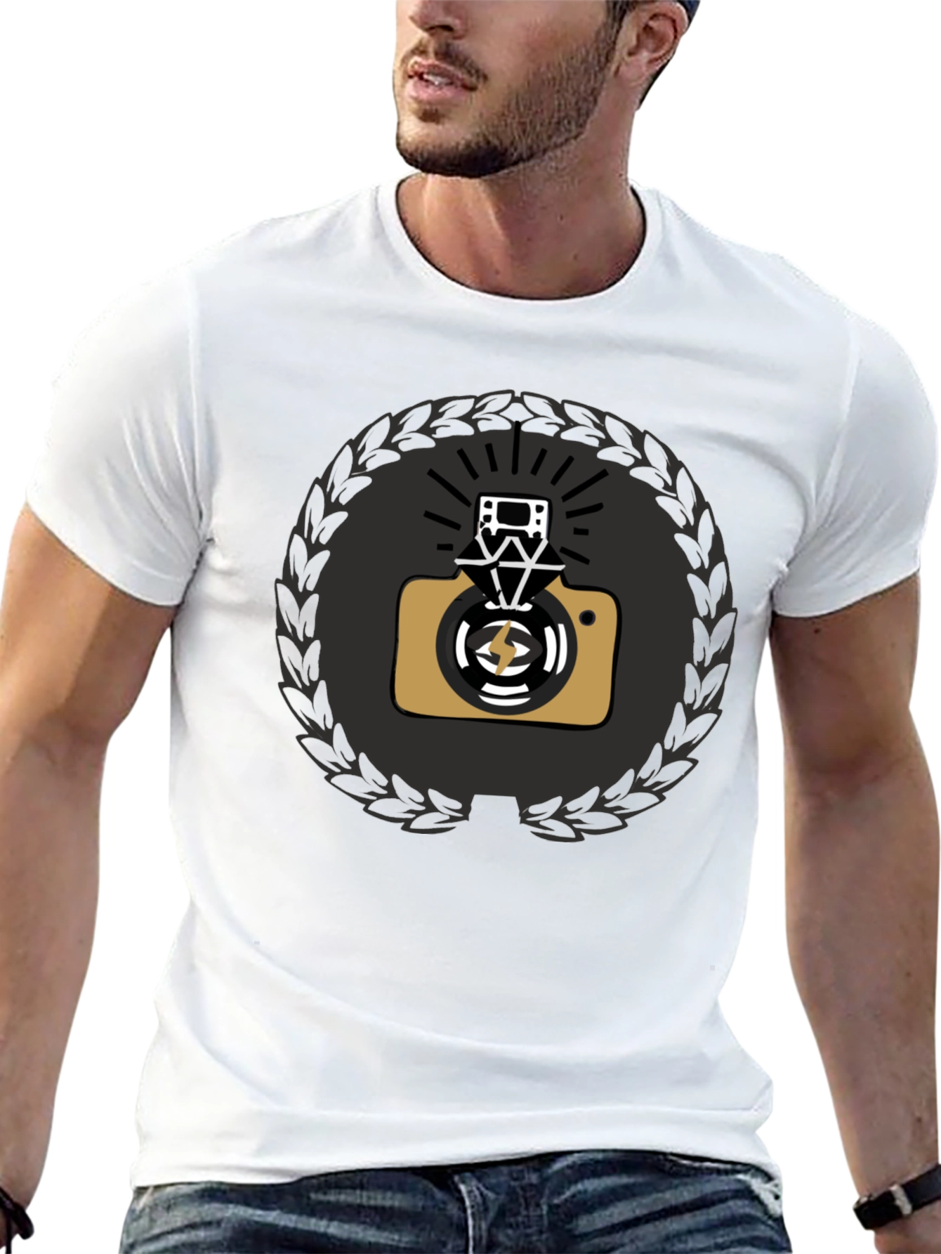 Black Graphic Tee with Camera & Film Reel Design