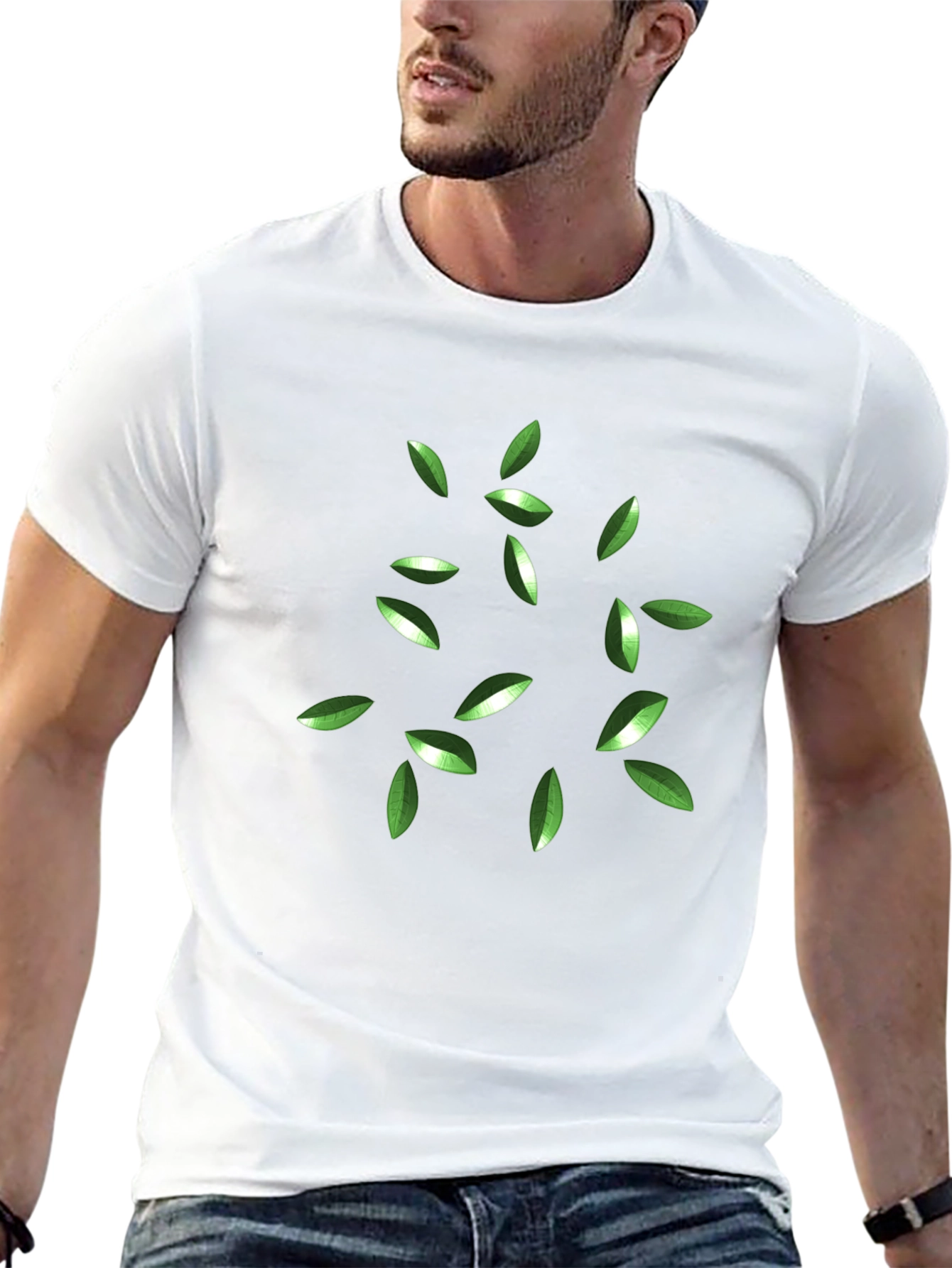 Green Leaves Graphic Black T-Shirt