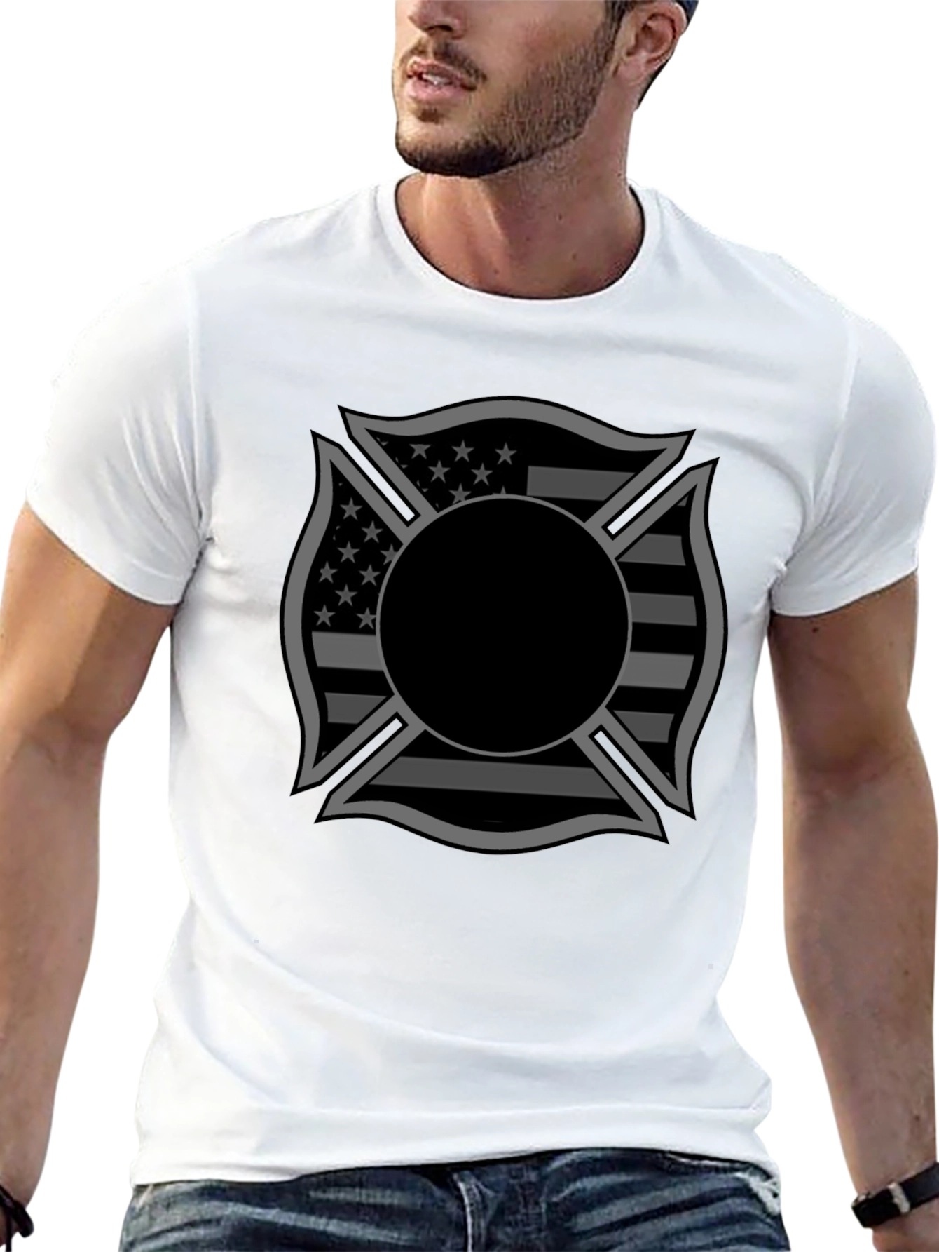 Firefighter Maltese Cross American Flag Graphic T-Shirt