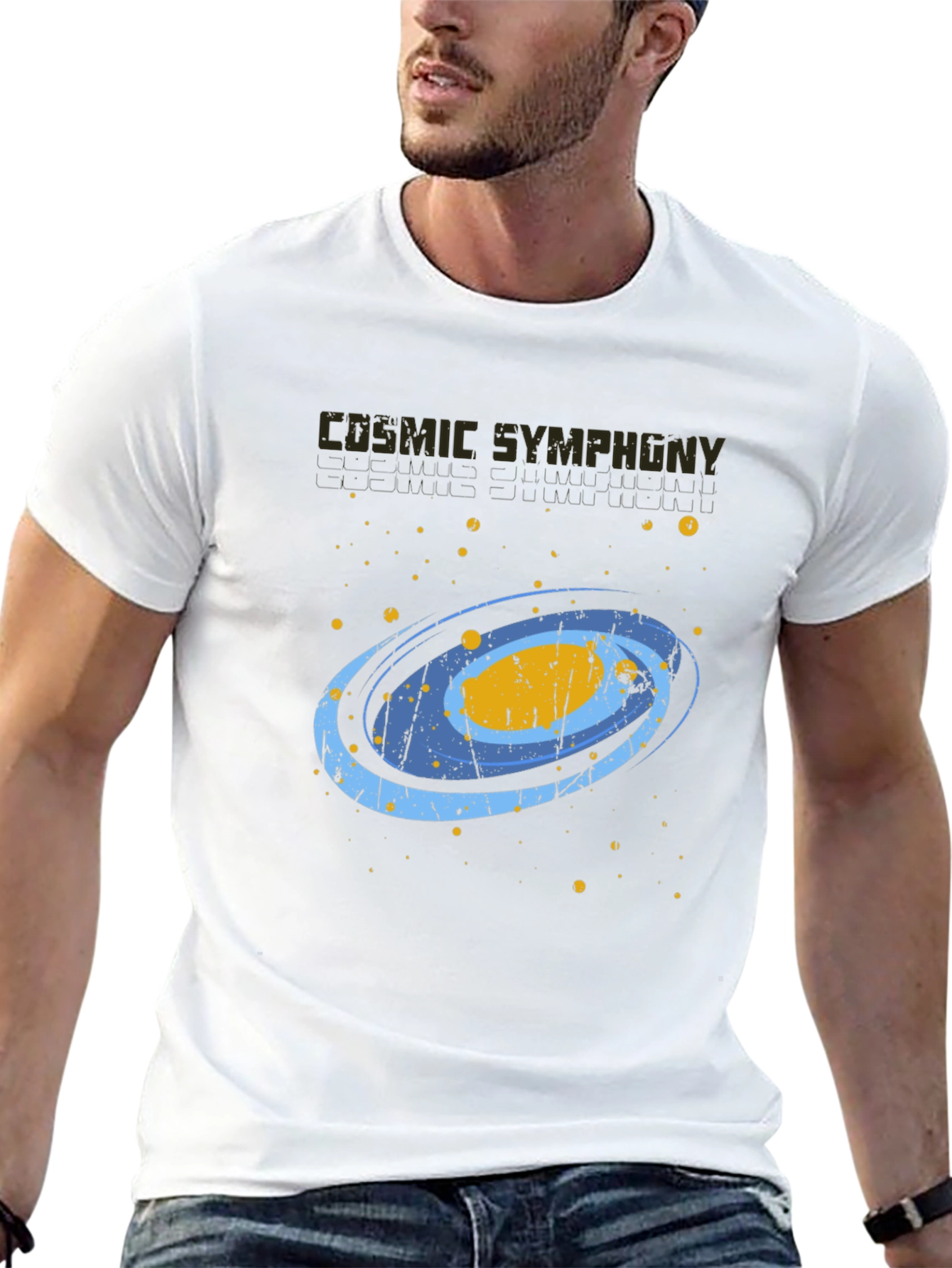 Cosmic Symphony Black Graphic T-Shirt