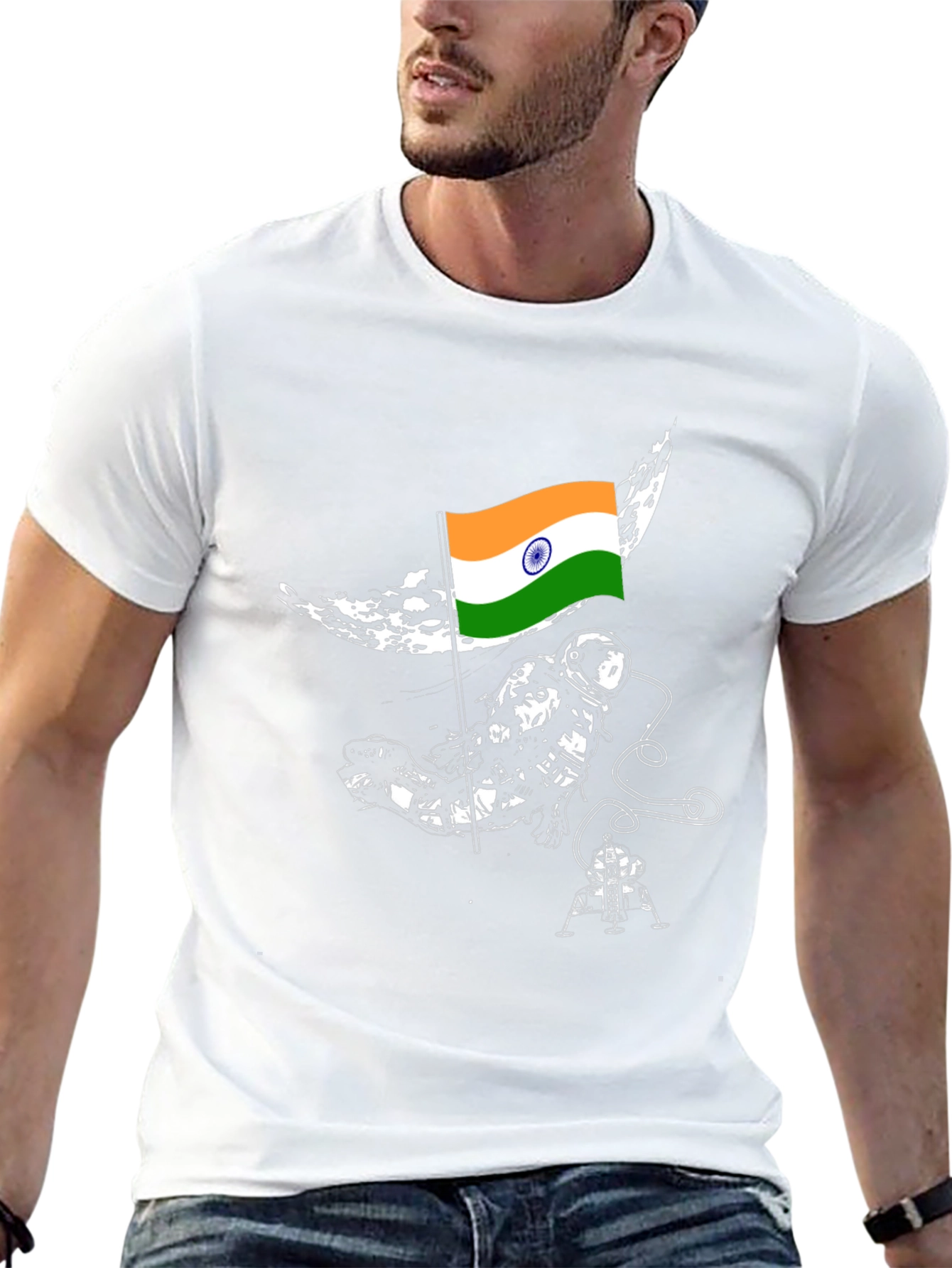 Astronaut India Flag Graphic Tee - Black Cotton T-Shirt