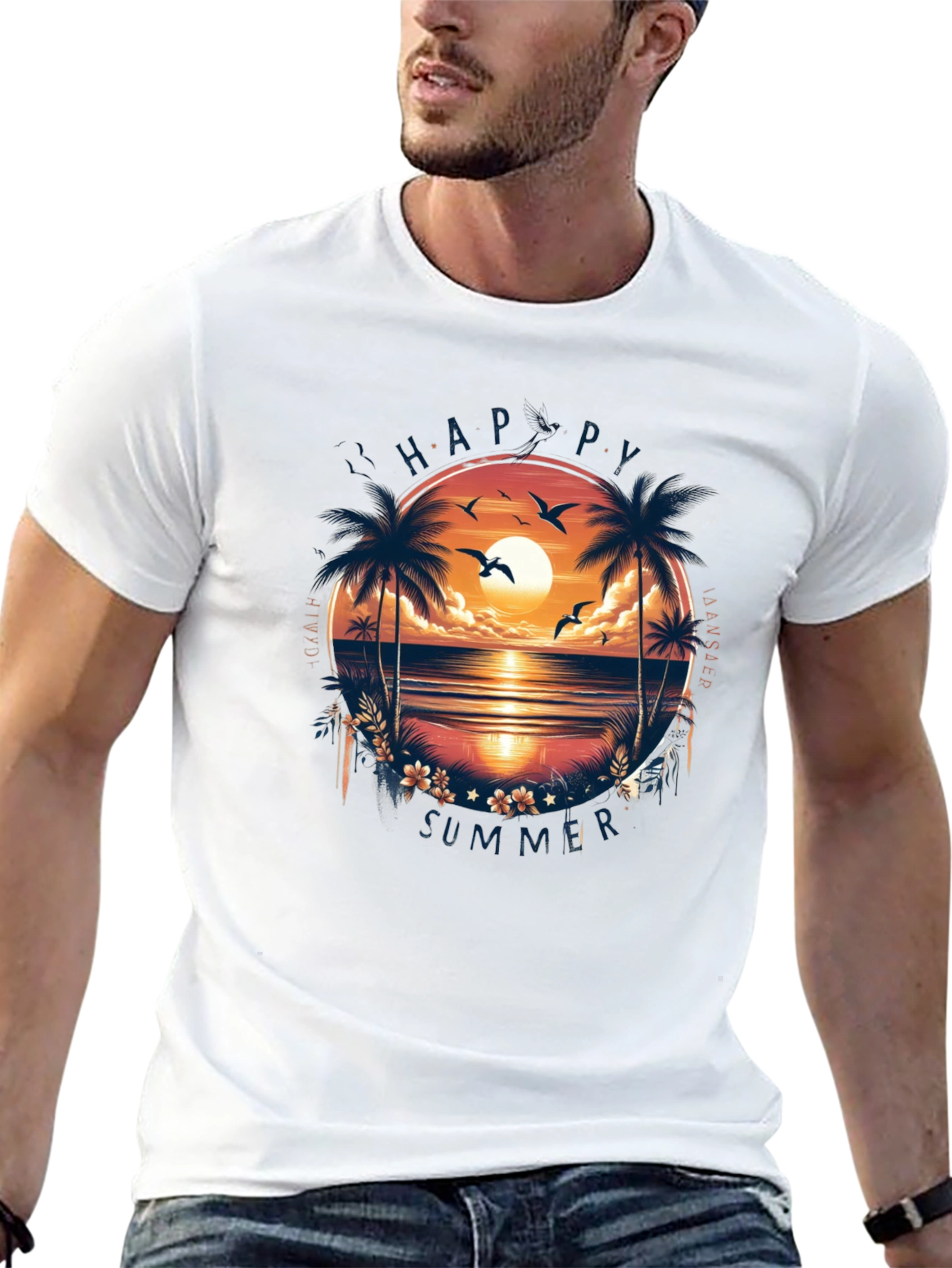 Happy Summer Palm Tree Graphic Black T-Shirt