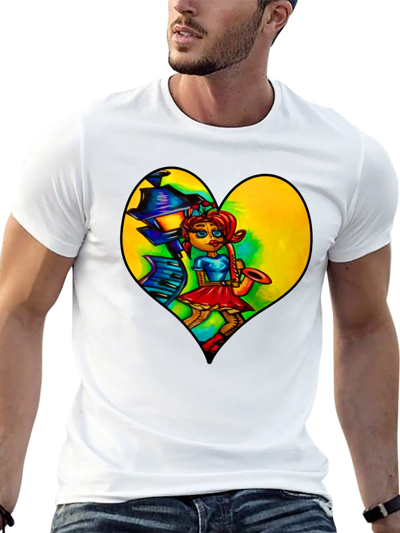 Music Lovers Graphic Tee - Saxophone Player Heart Design