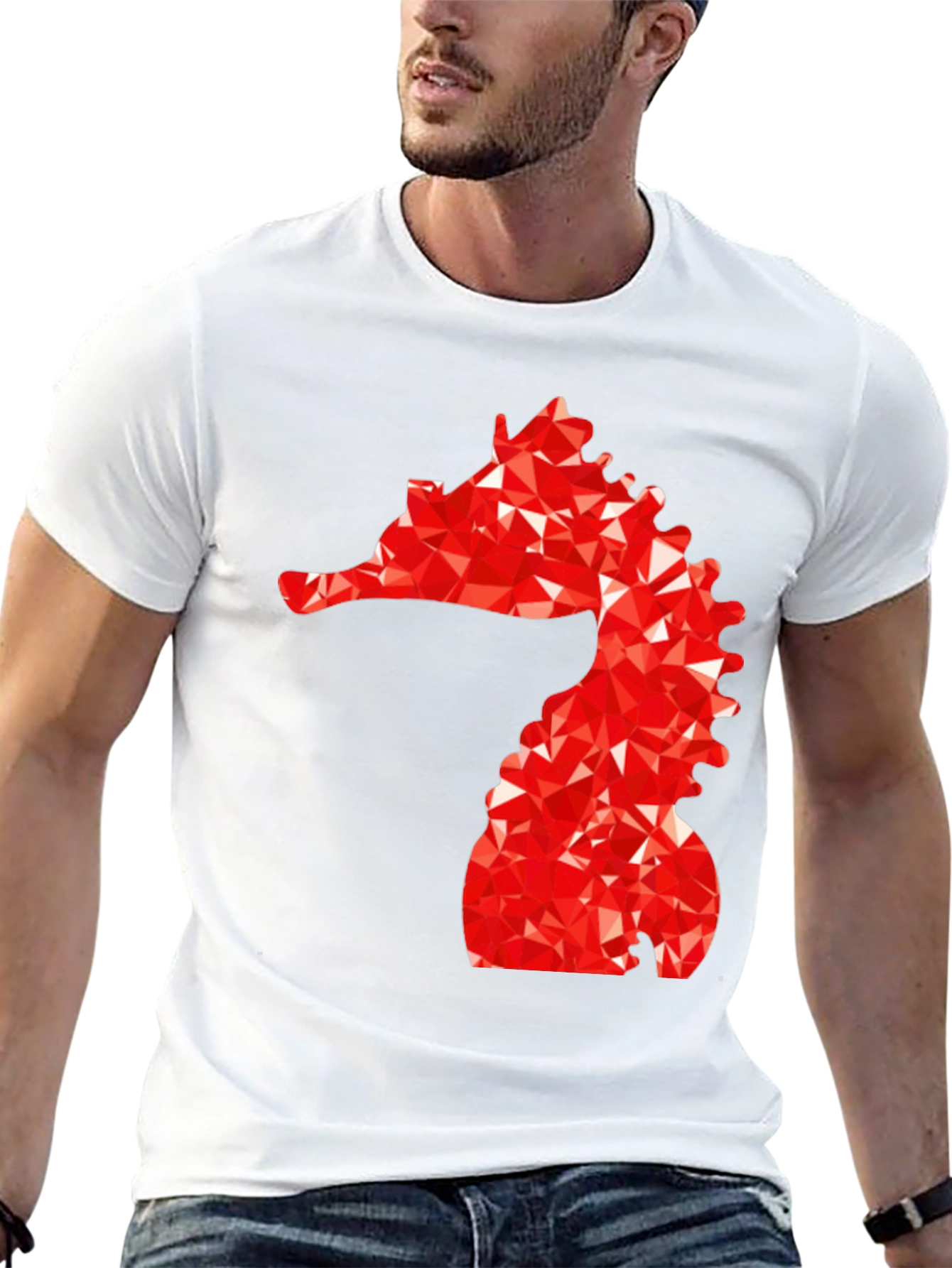 Mens Black Tee with Red Geometric Seahorse