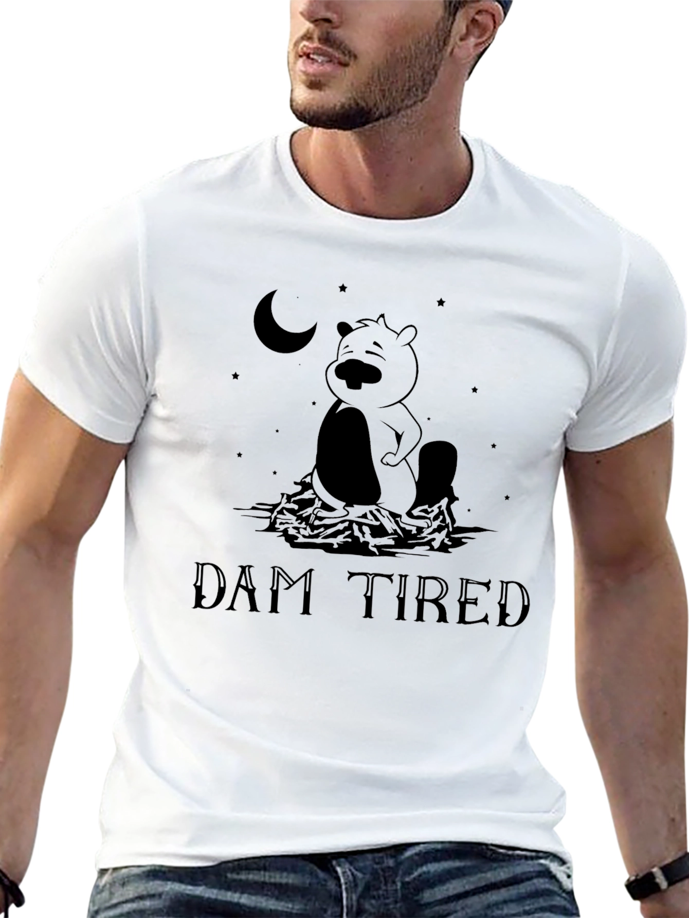 Dam Tired Beaver Graphic Tee - Funny Mens T-Shirt