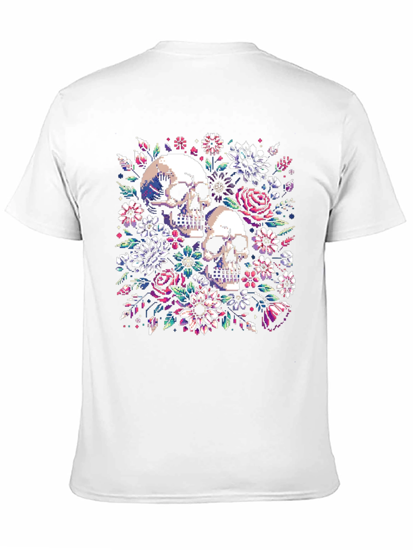 Floral Skull Pixel Art Black T-Shirt