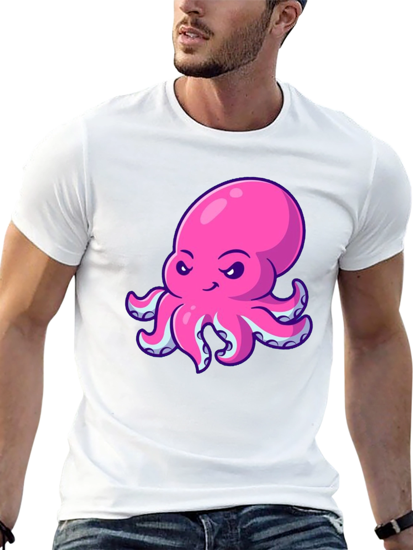 Pink Octopus Graphic Print Black T-Shirt