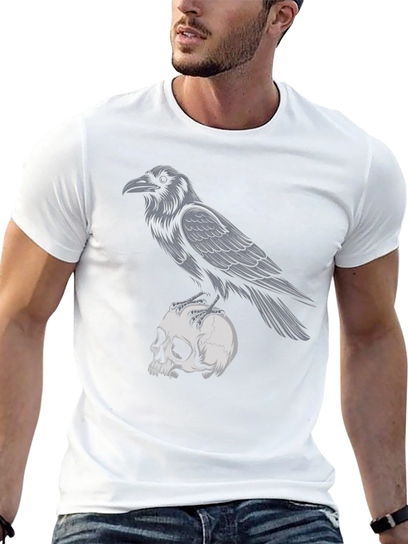 Raven on Skull Graphic T-Shirt - Gothic Style