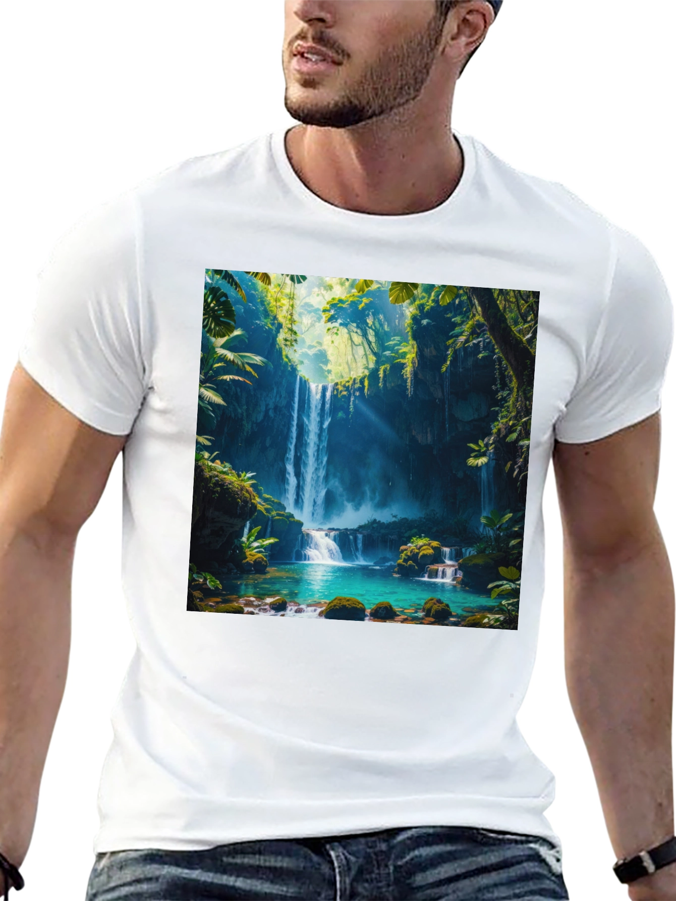 Tropical Waterfall Graphic Tee - Nature Lovers Black T-Shirt