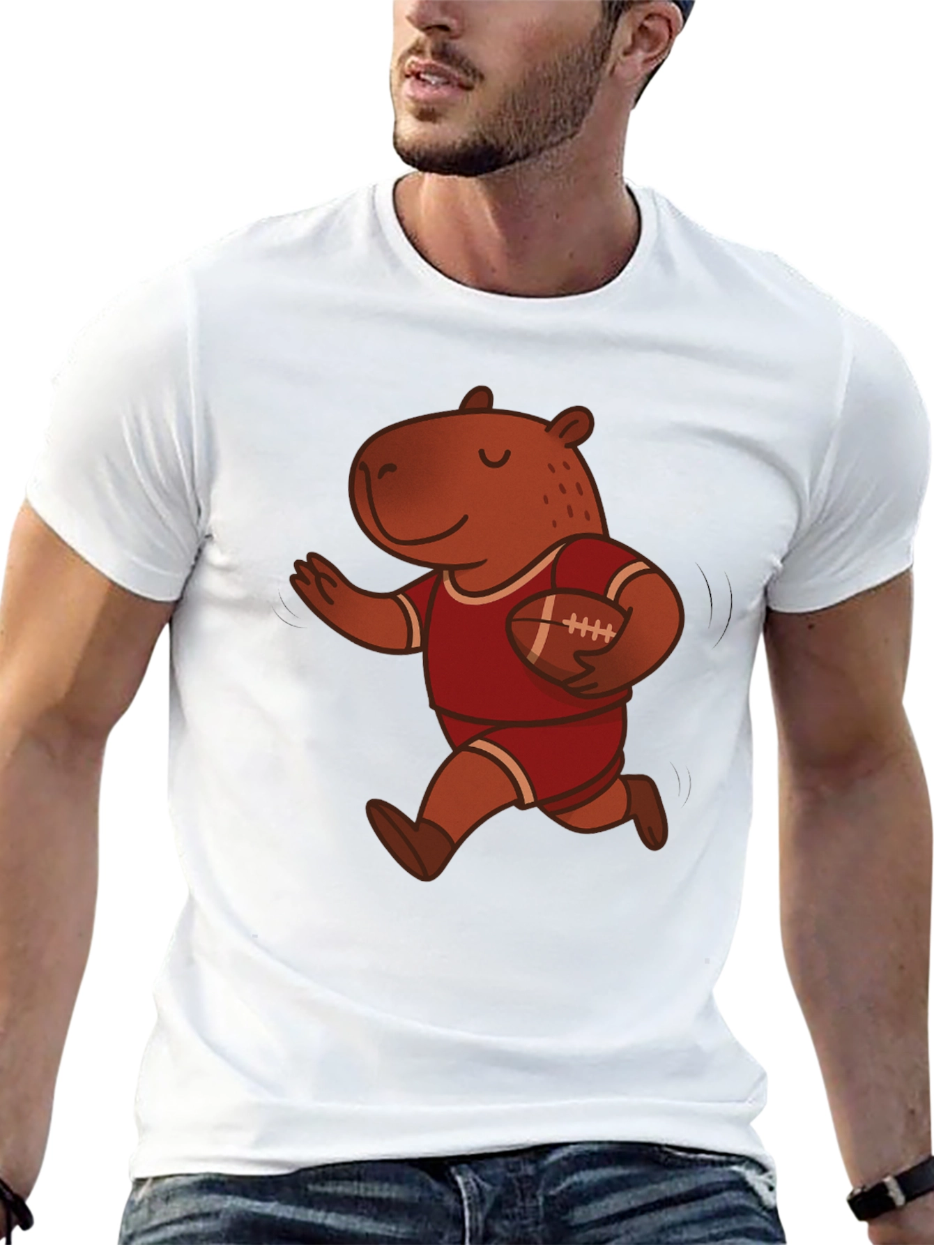 Capybara Football Player Graphic Tee - Novelty Cartoon T-Shirt