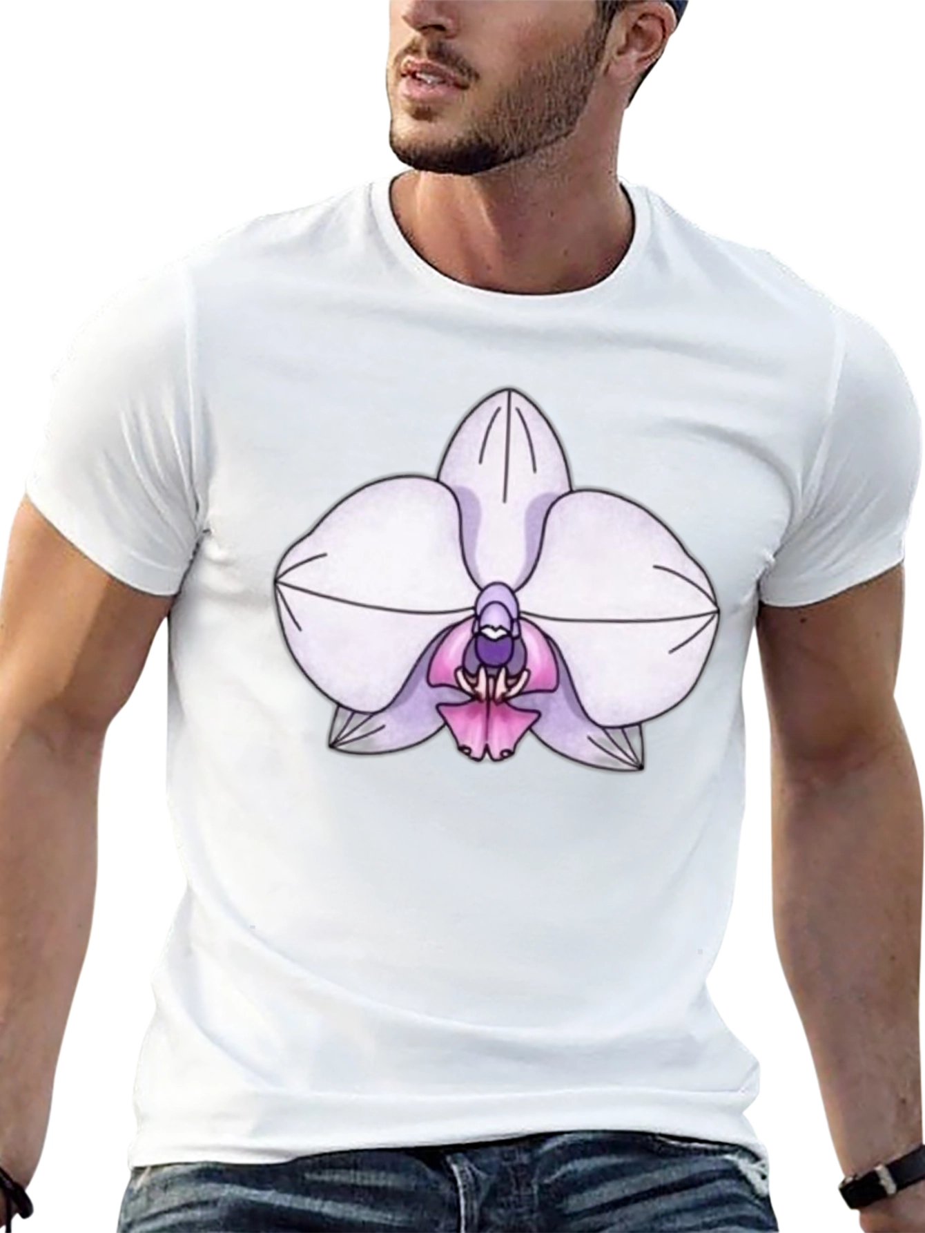 Orchid Flower Print T-Shirt - Black Casual Tee