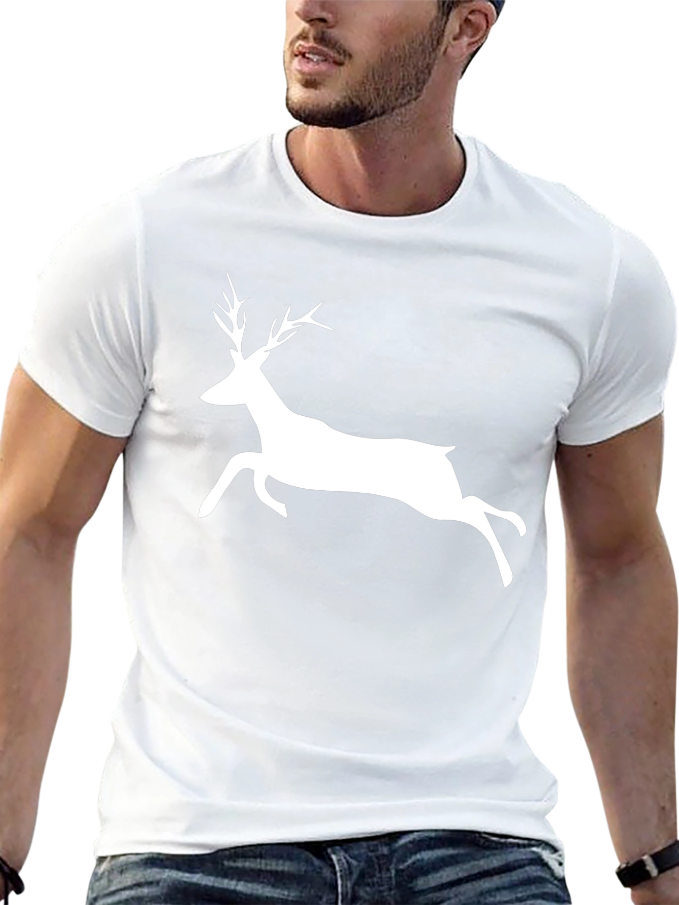 Mens Black T-Shirt with White Deer Graphic