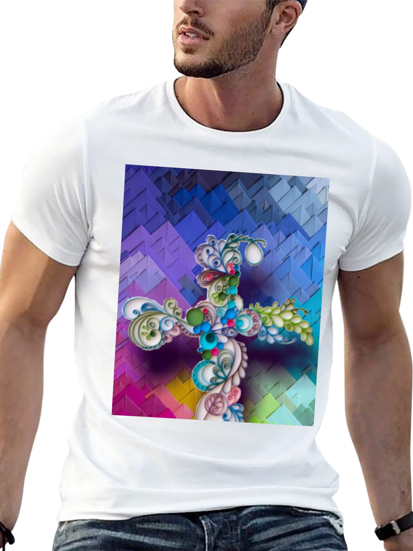 Artistic Floral Cross Graphic T-Shirt - Unique Design