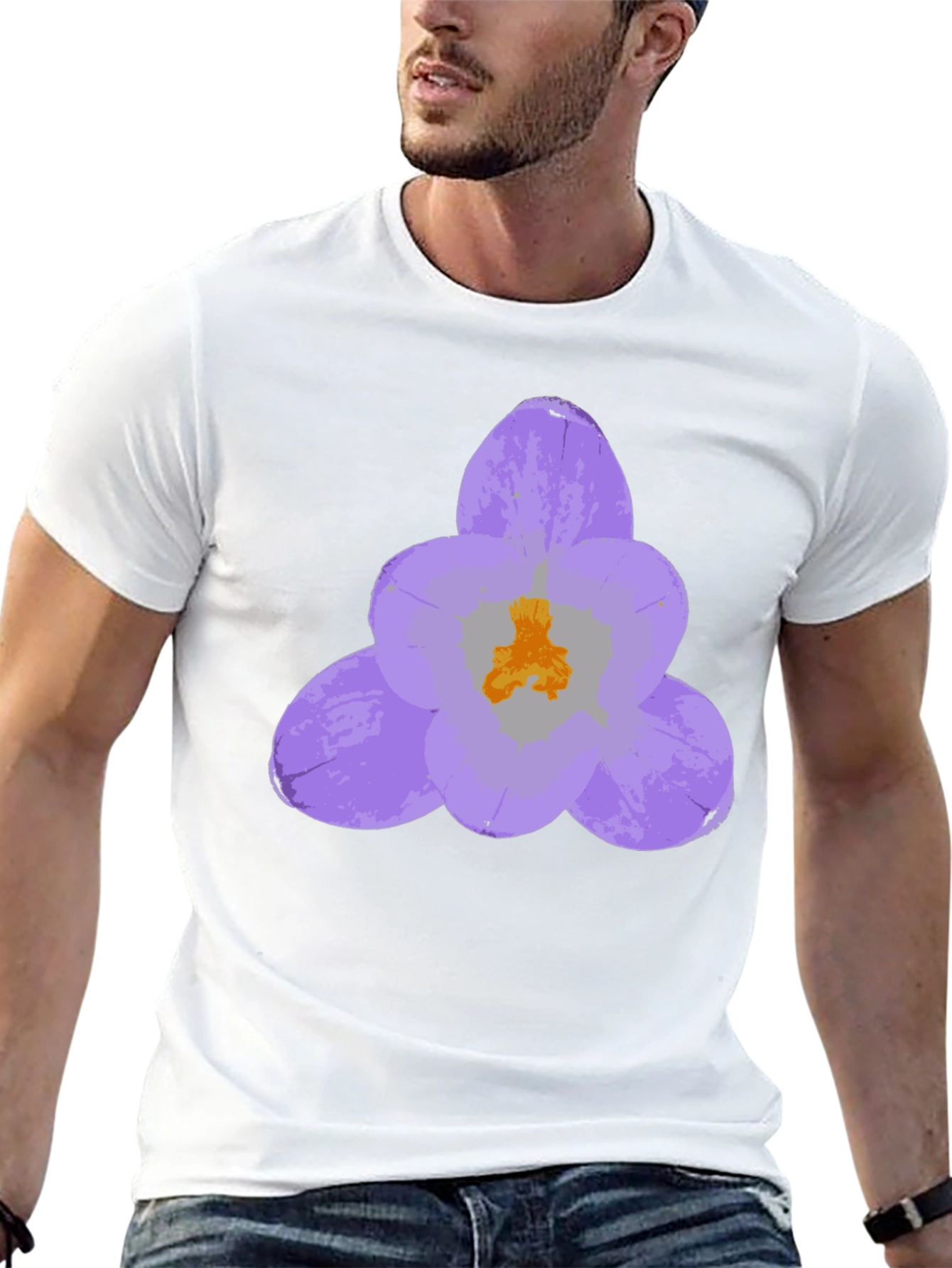 Black T-Shirt with Lavender Crocus Flower Design