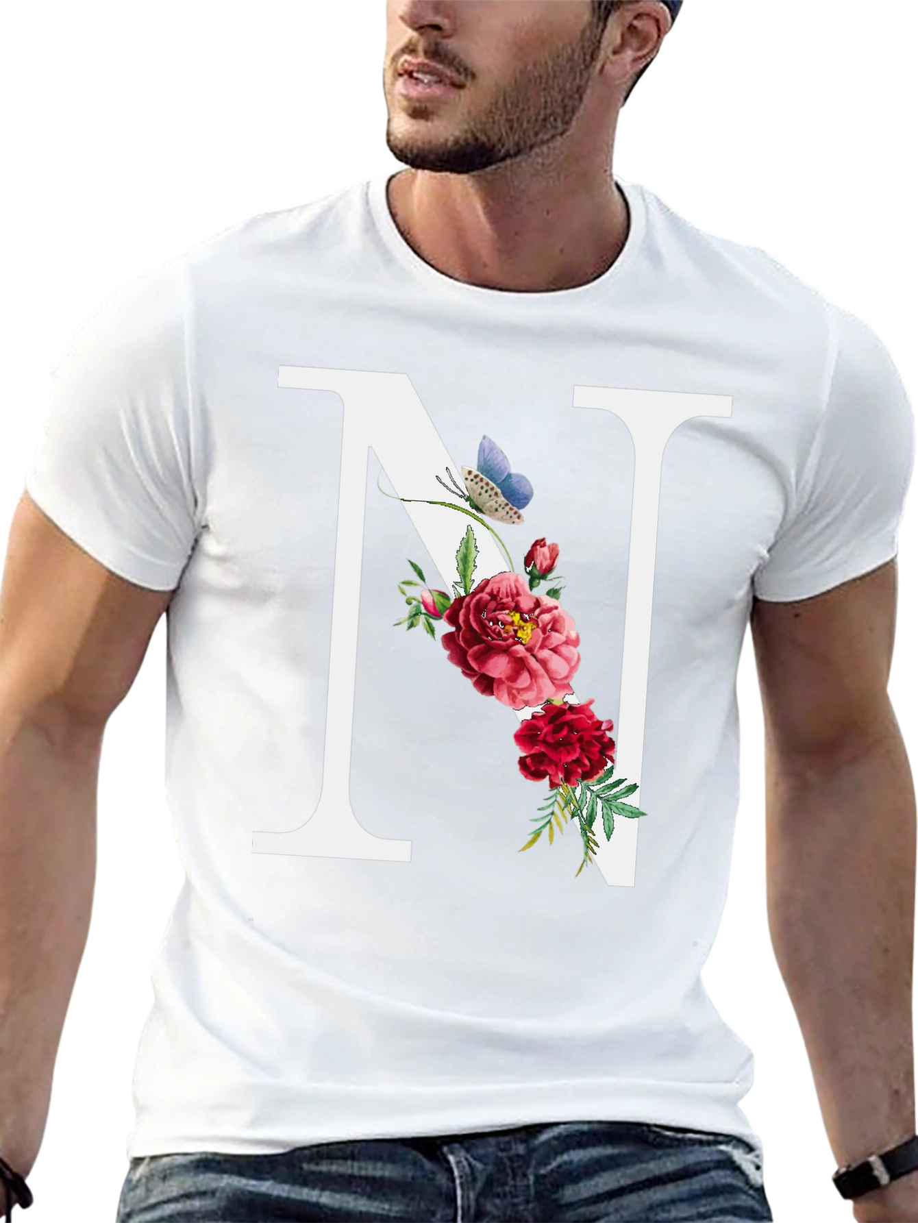 Floral Letter N Black T-Shirt