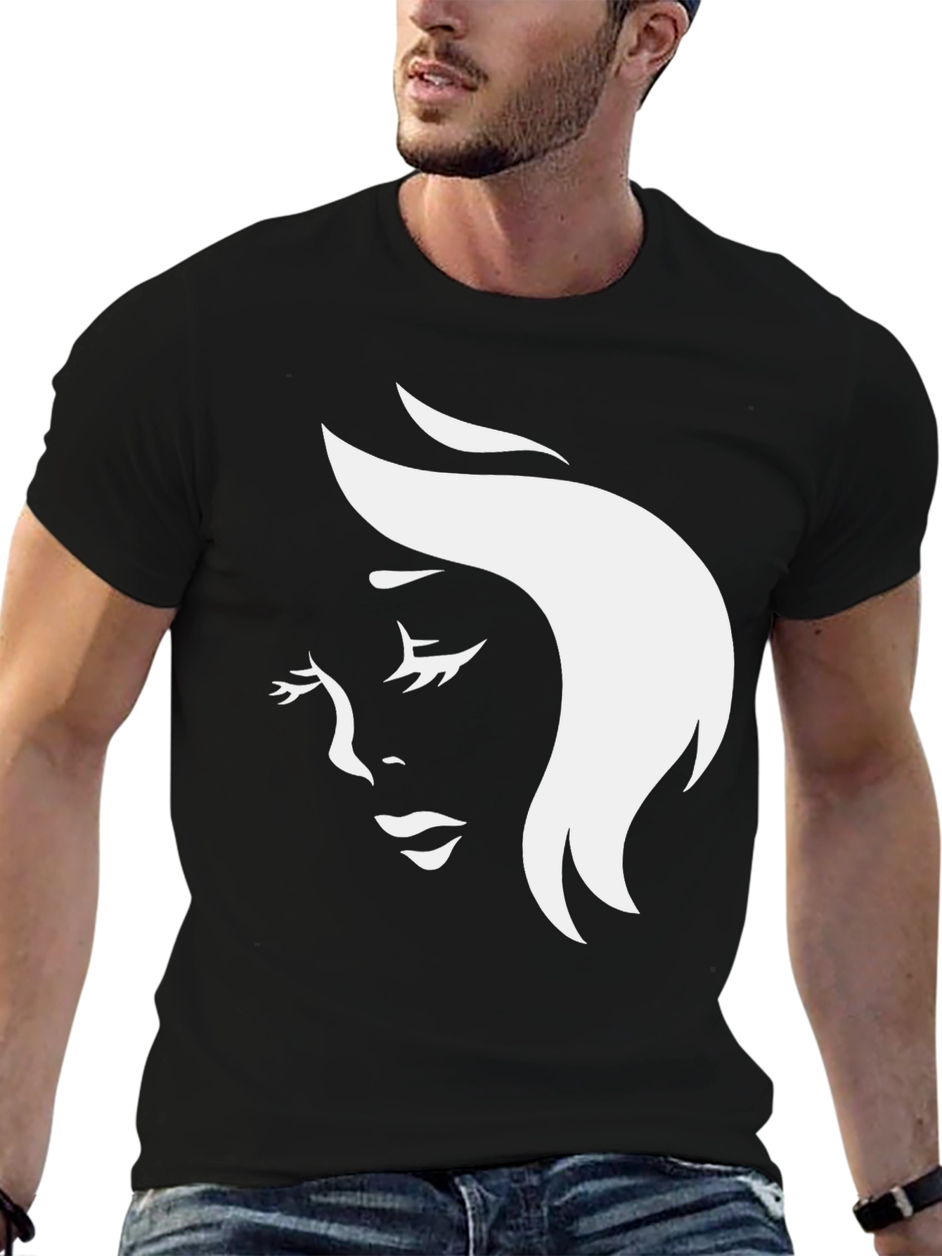 Black T-Shirt with Elegant Woman Face Graphic