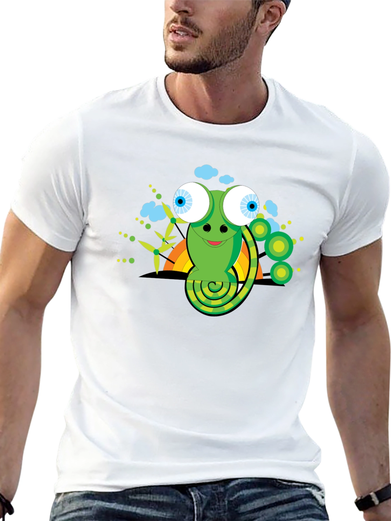 Cartoon Chameleon Graphic Tee - Black Cotton Shirt