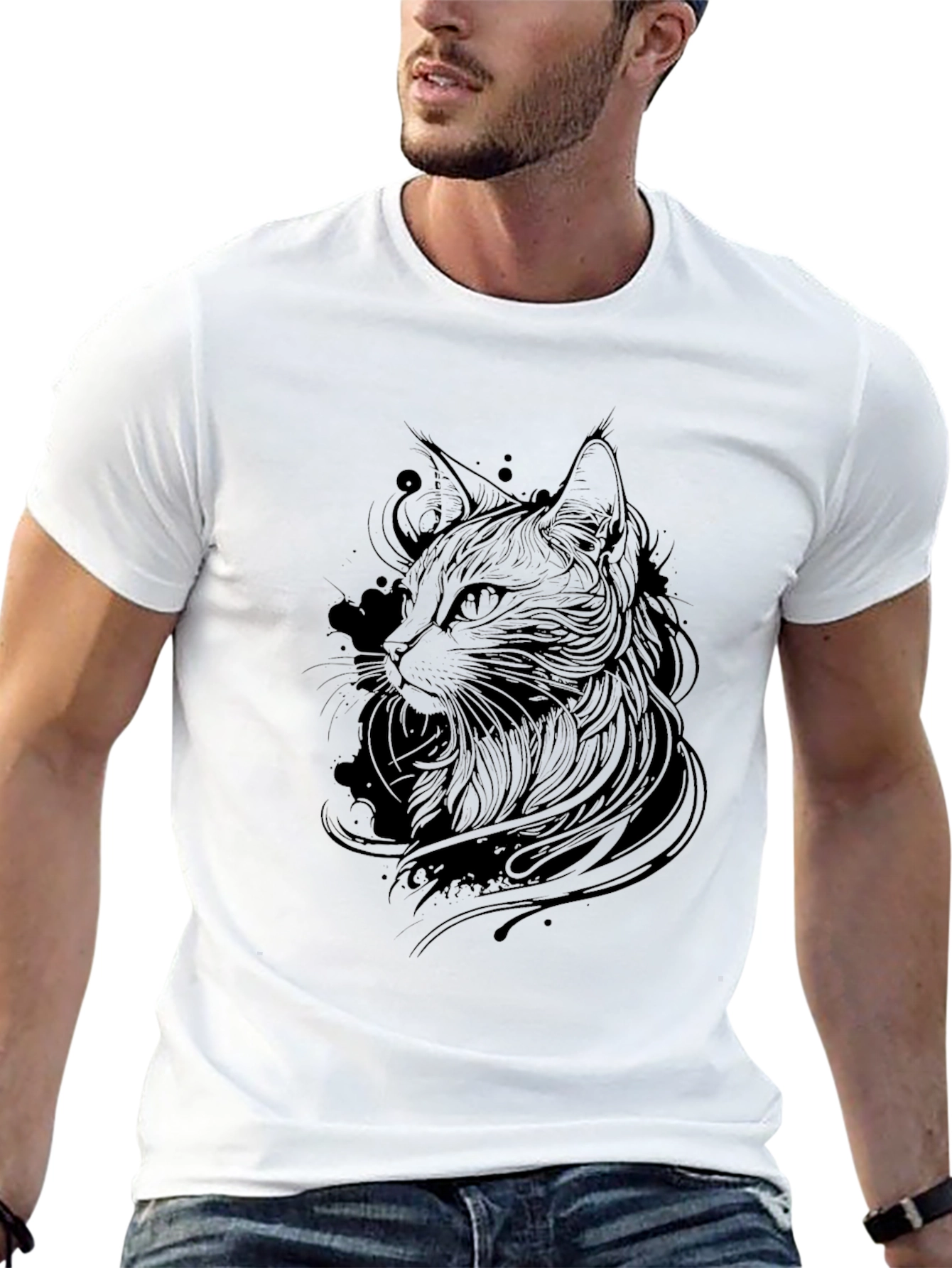 Black Cat Line Art Graphic Tee - Mens