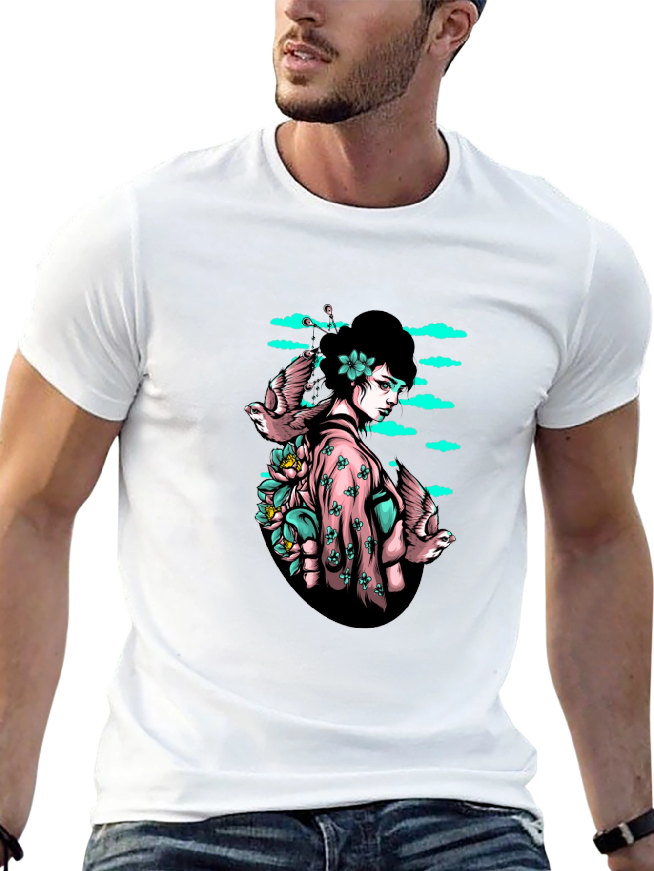 Geisha & Birds Graphic T-Shirt