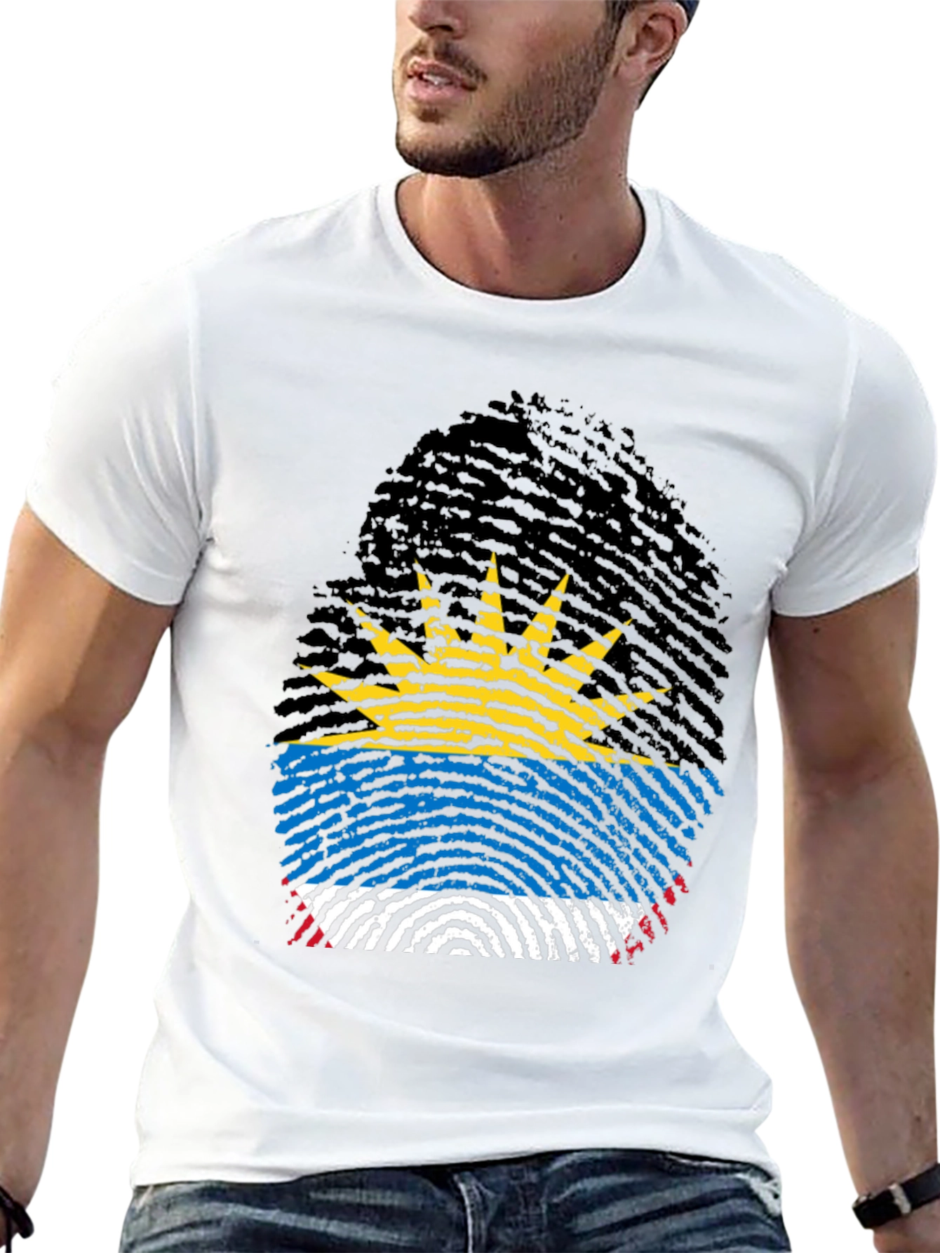 Antigua Flag Fingerprint T-Shirt - Black Crew Neck Tee