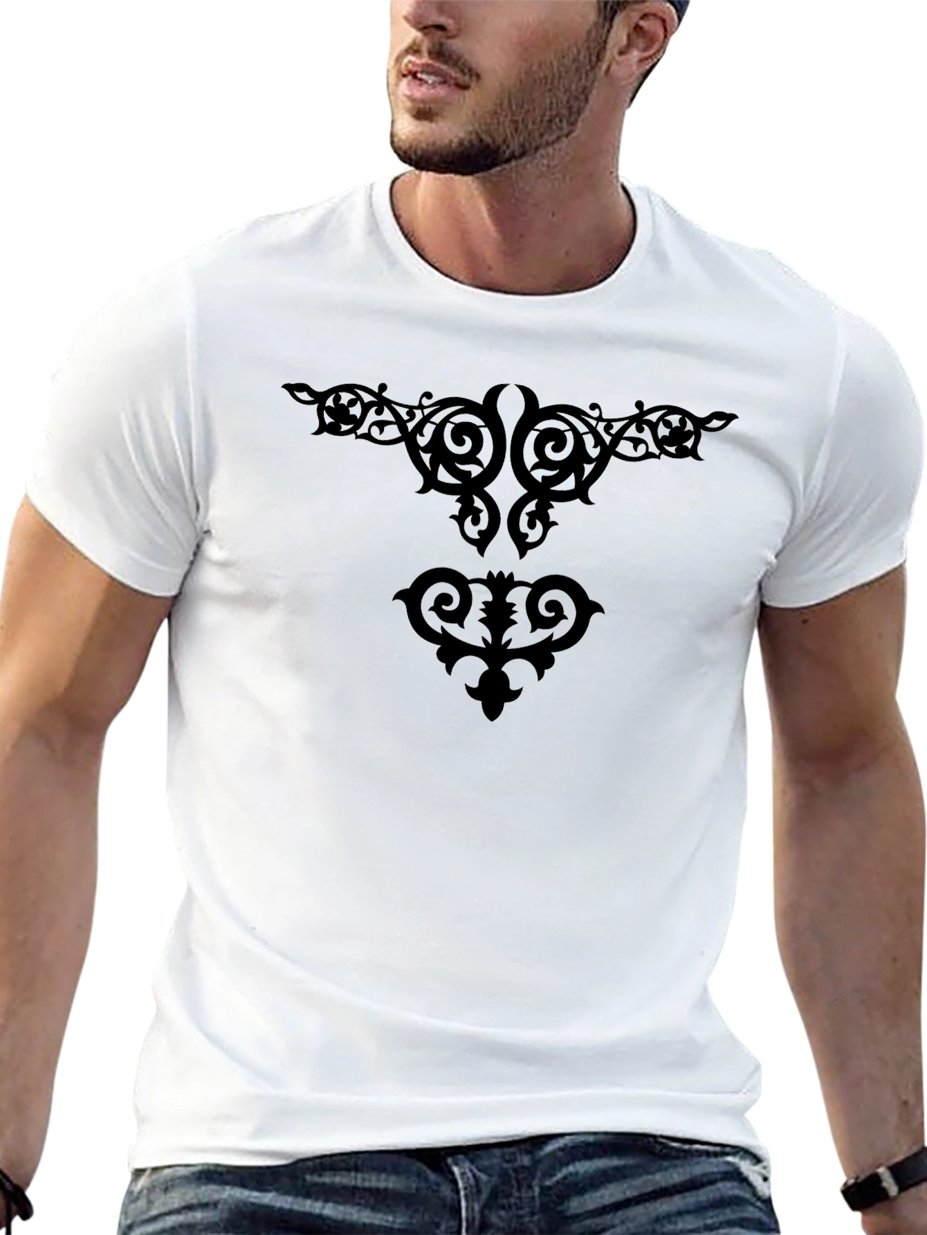 Stylish Black Tee with Ornate Tribal Design