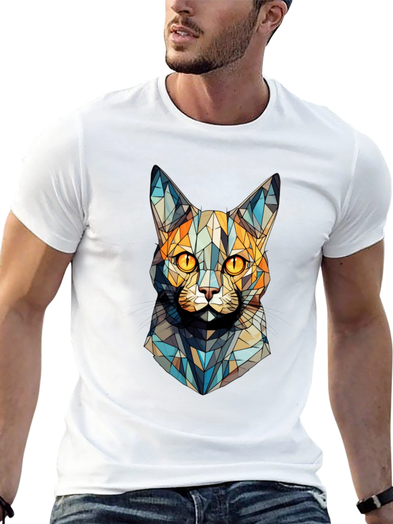 Geometric Cat Face T-Shirt - Abstract Design