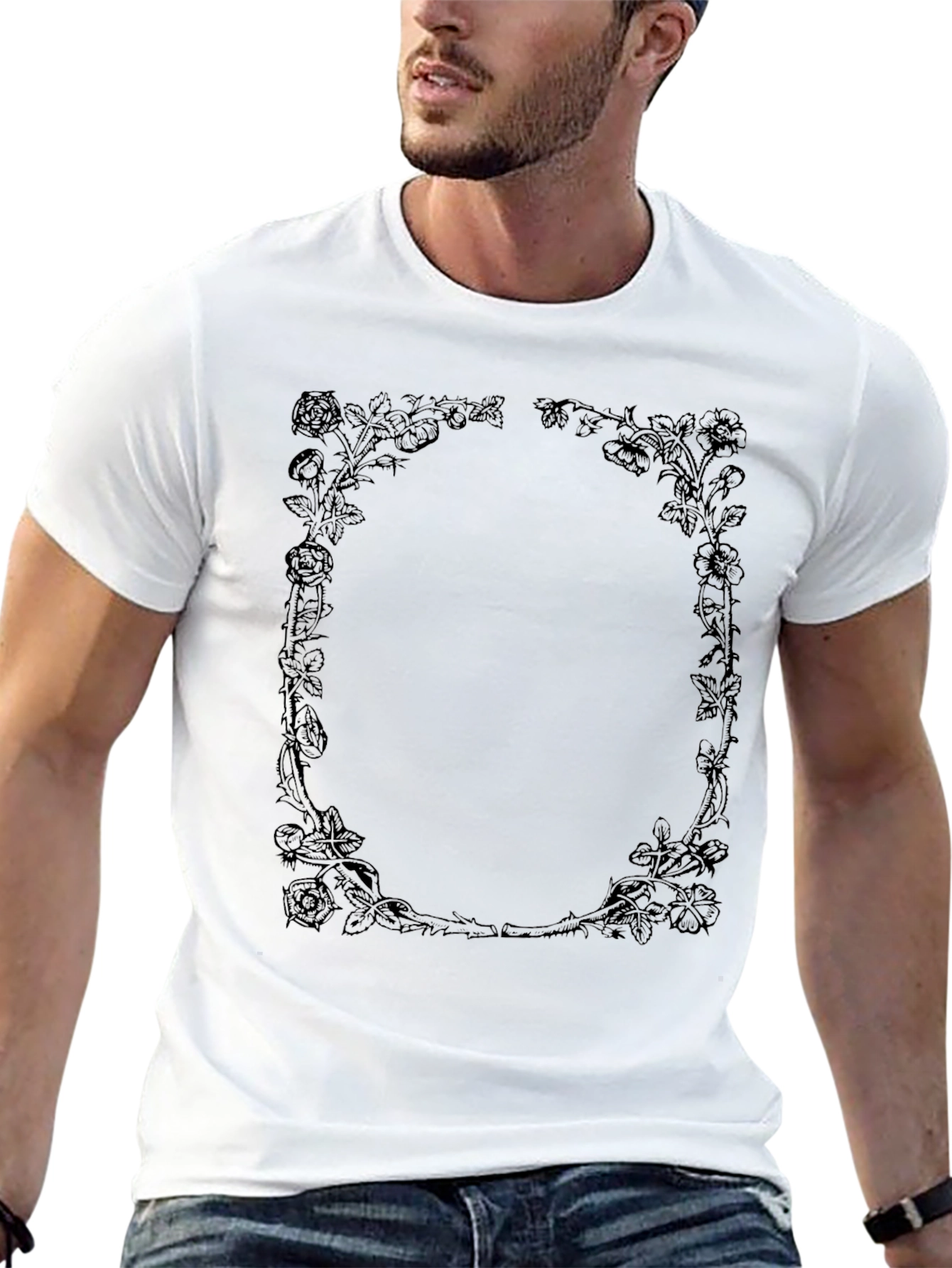 Rose Vine Graphic T-Shirt - Black Crew Neck