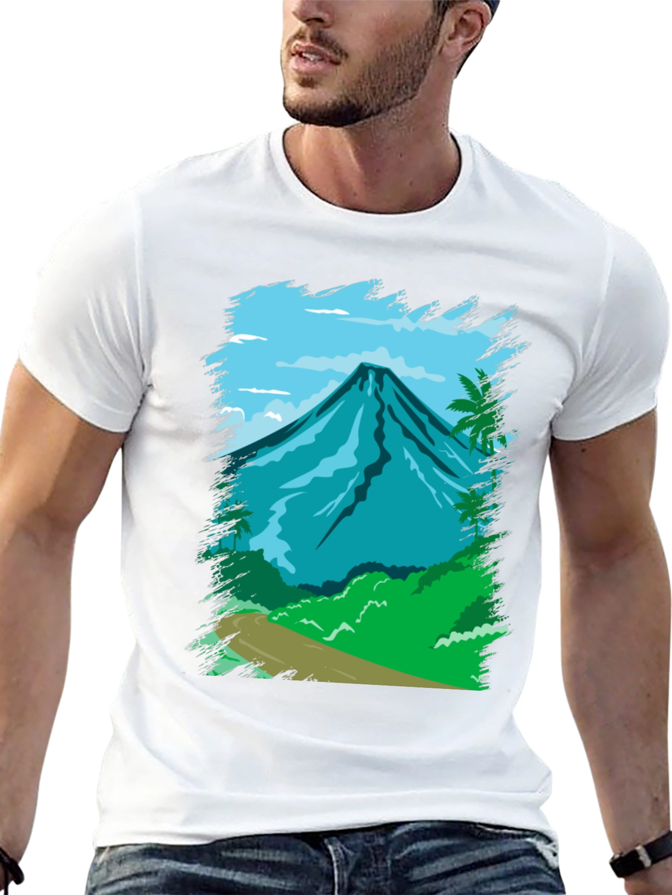 Tropical Mountain Graphic Tee - Black Cotton Shirt