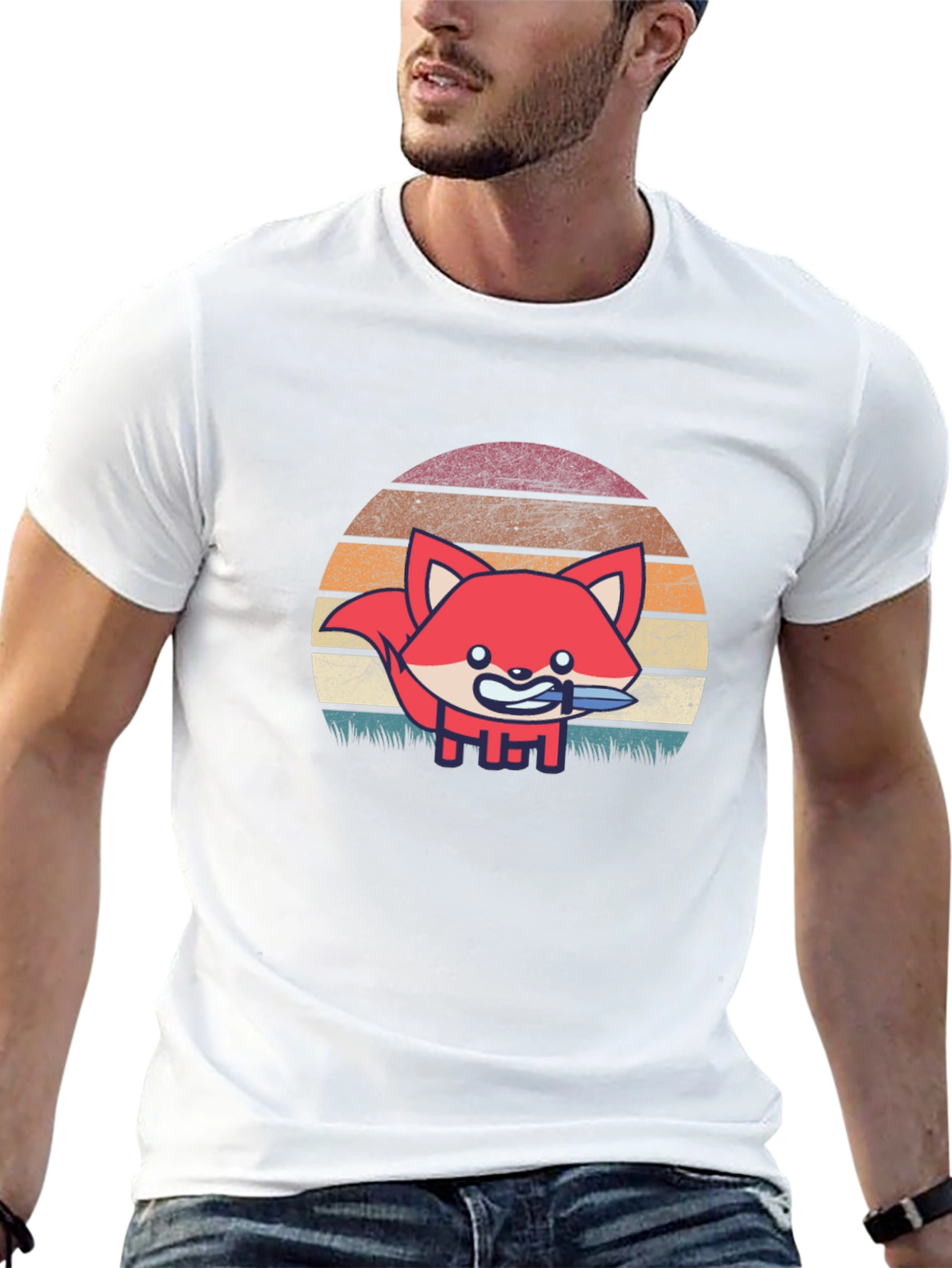 Fox With Knife Retro Style Graphic T-Shirt