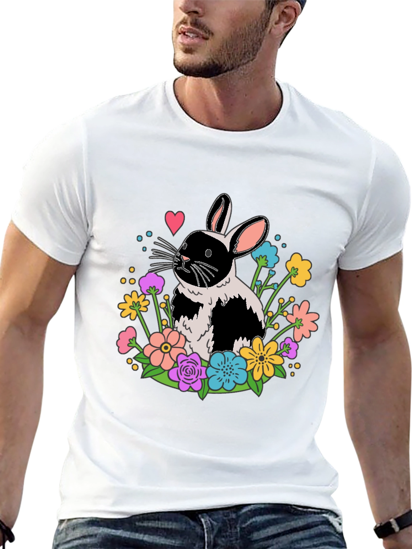 Floral Bunny Graphic Tee - Black Casual Shirt