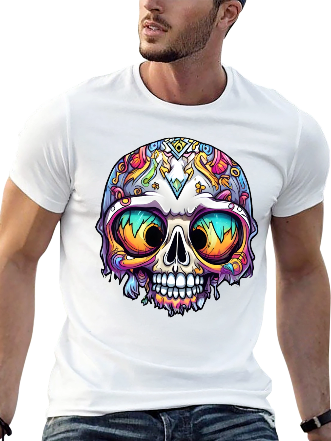 Vibrant Sugar Skull Graphic Tee - Mens Black T-Shirt