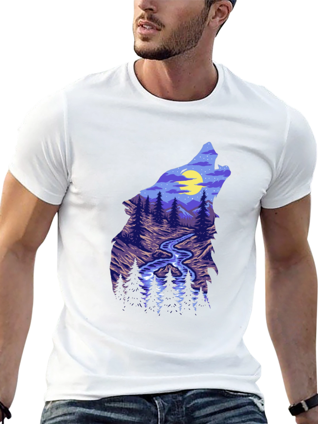 Wolf Silhouette Mountain Stream Graphic Tee