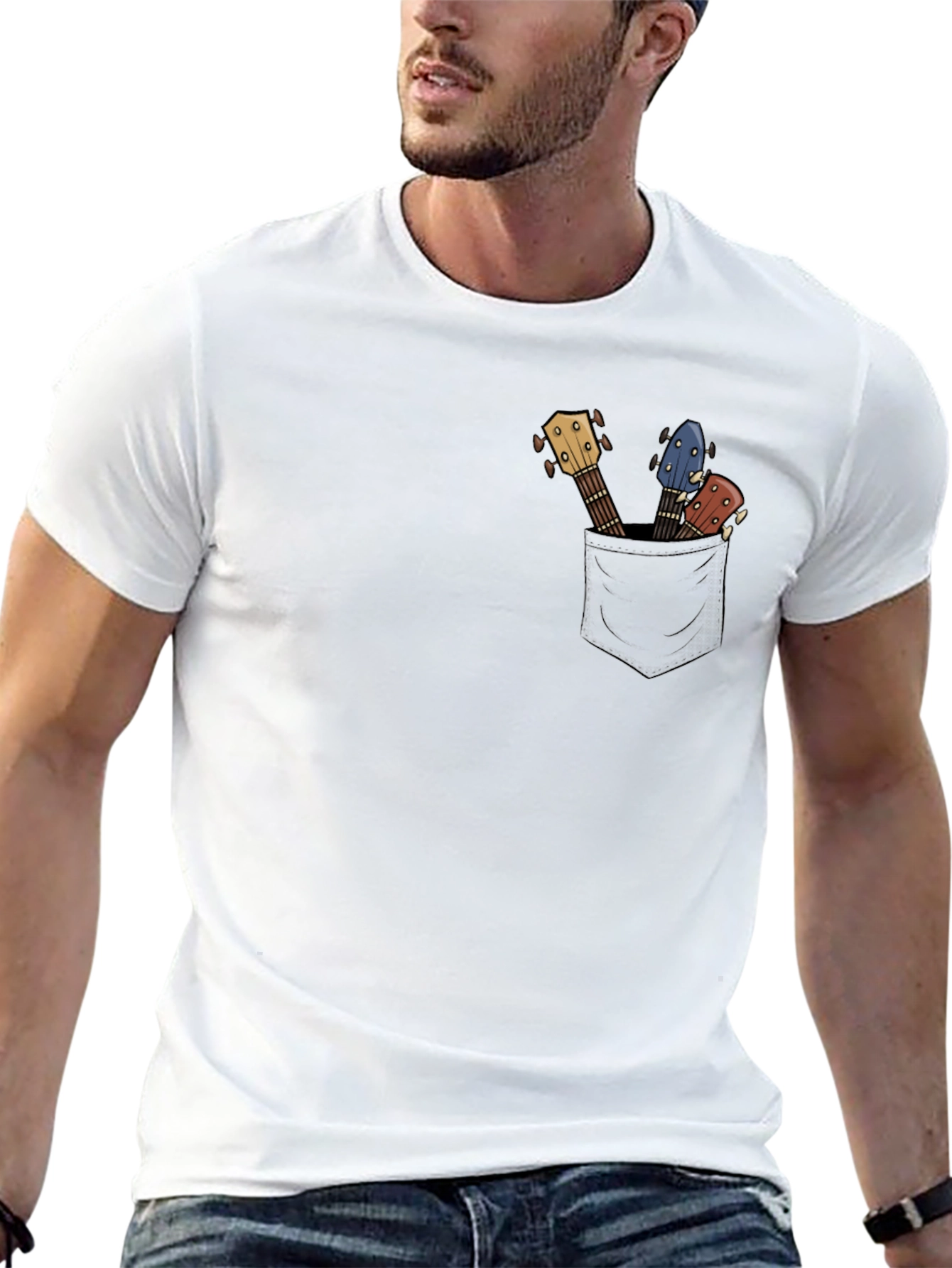 Guitar Pocket Print Mens Black T-Shirt