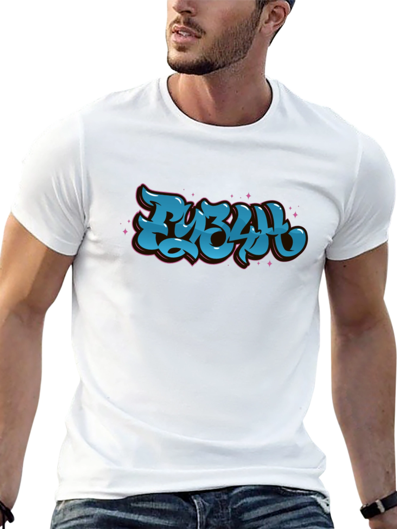 Stylish Black Graphic Tee - Bold Blue Lettering Design