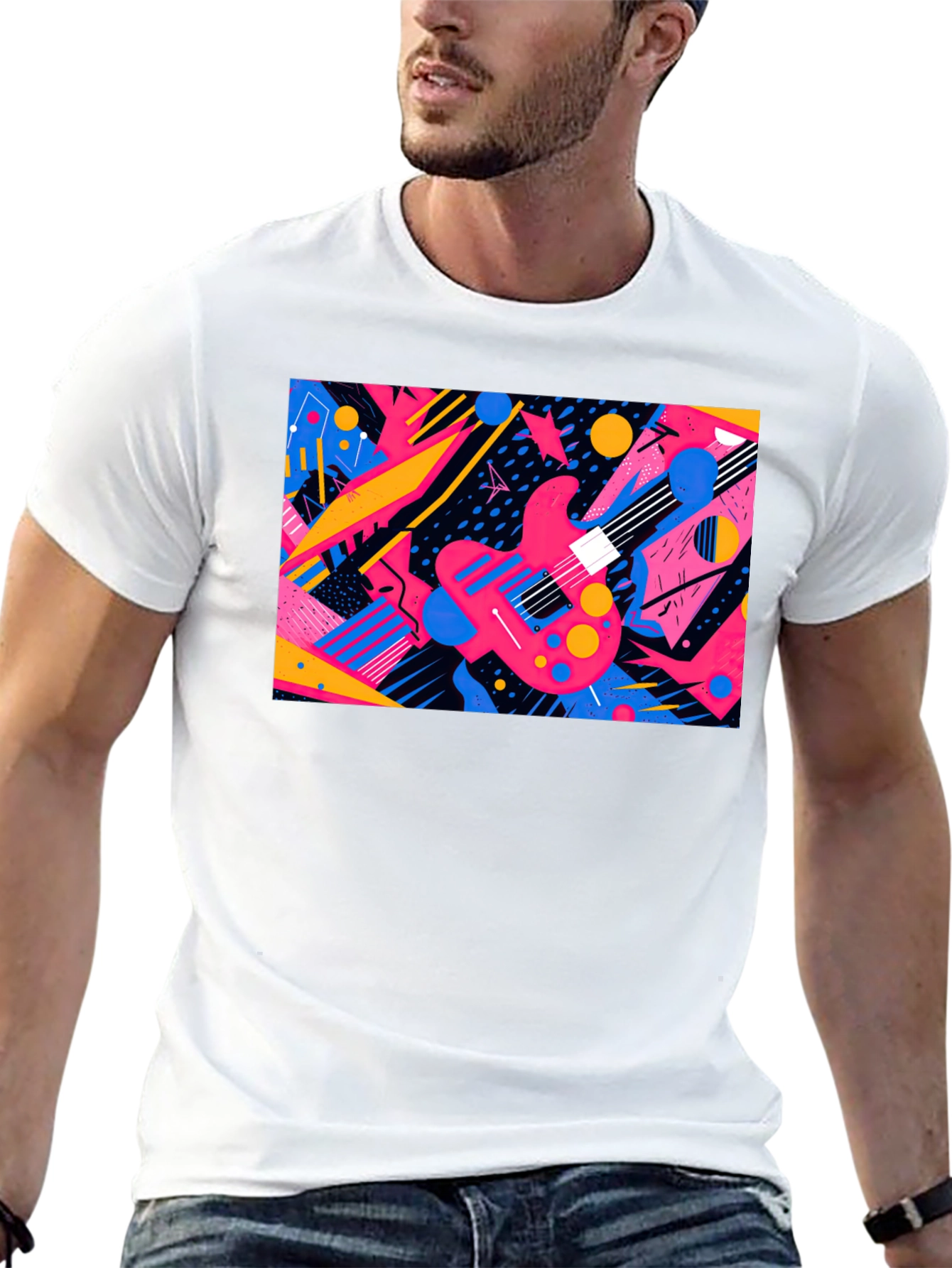 Retro Guitar Graphic T-Shirt - Black Cotton Blend