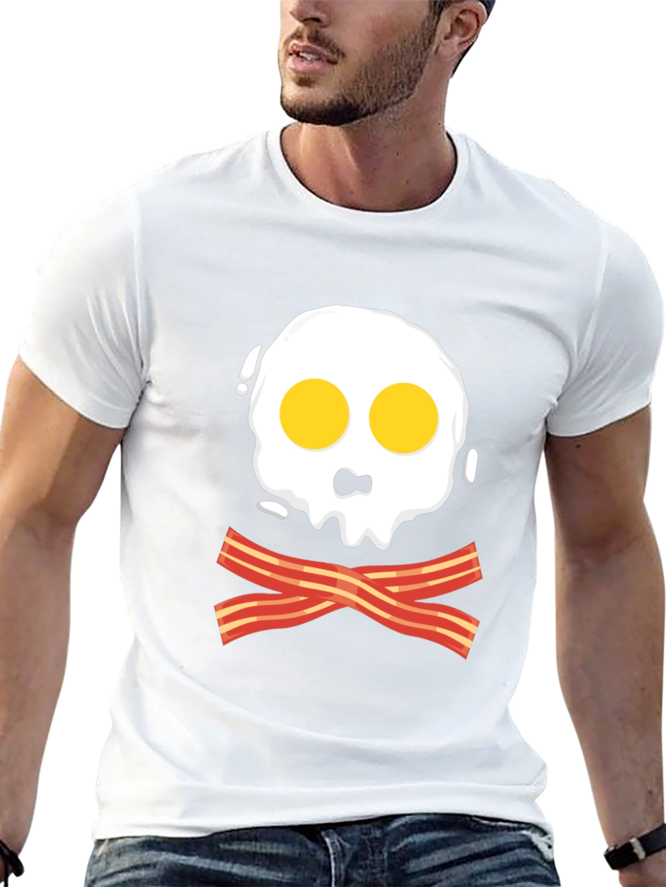 Funny Skull Fried Egg & Bacon Graphic Black T-Shirt