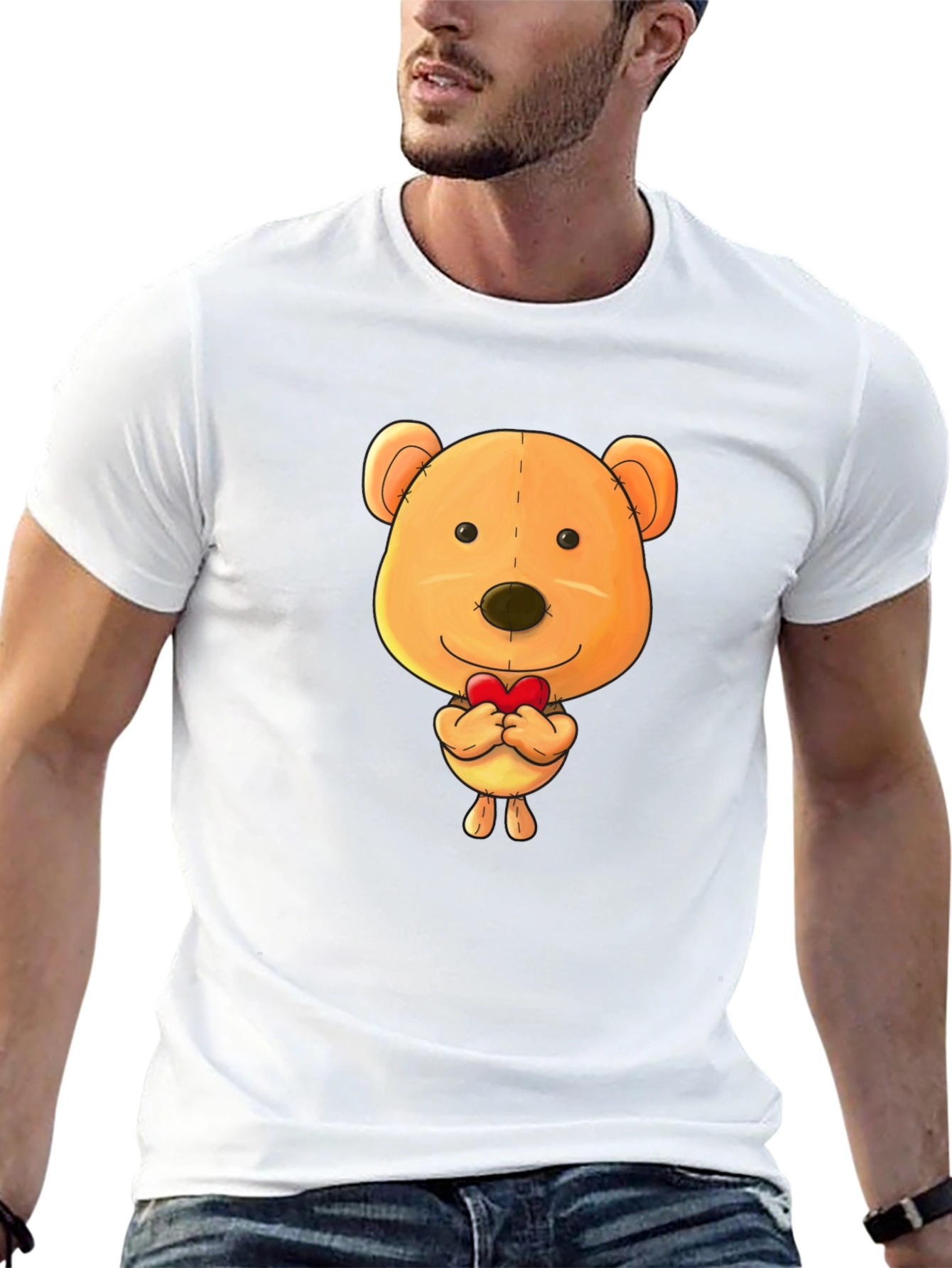 Cute Teddy Bear Heart Graphic Black T-Shirt