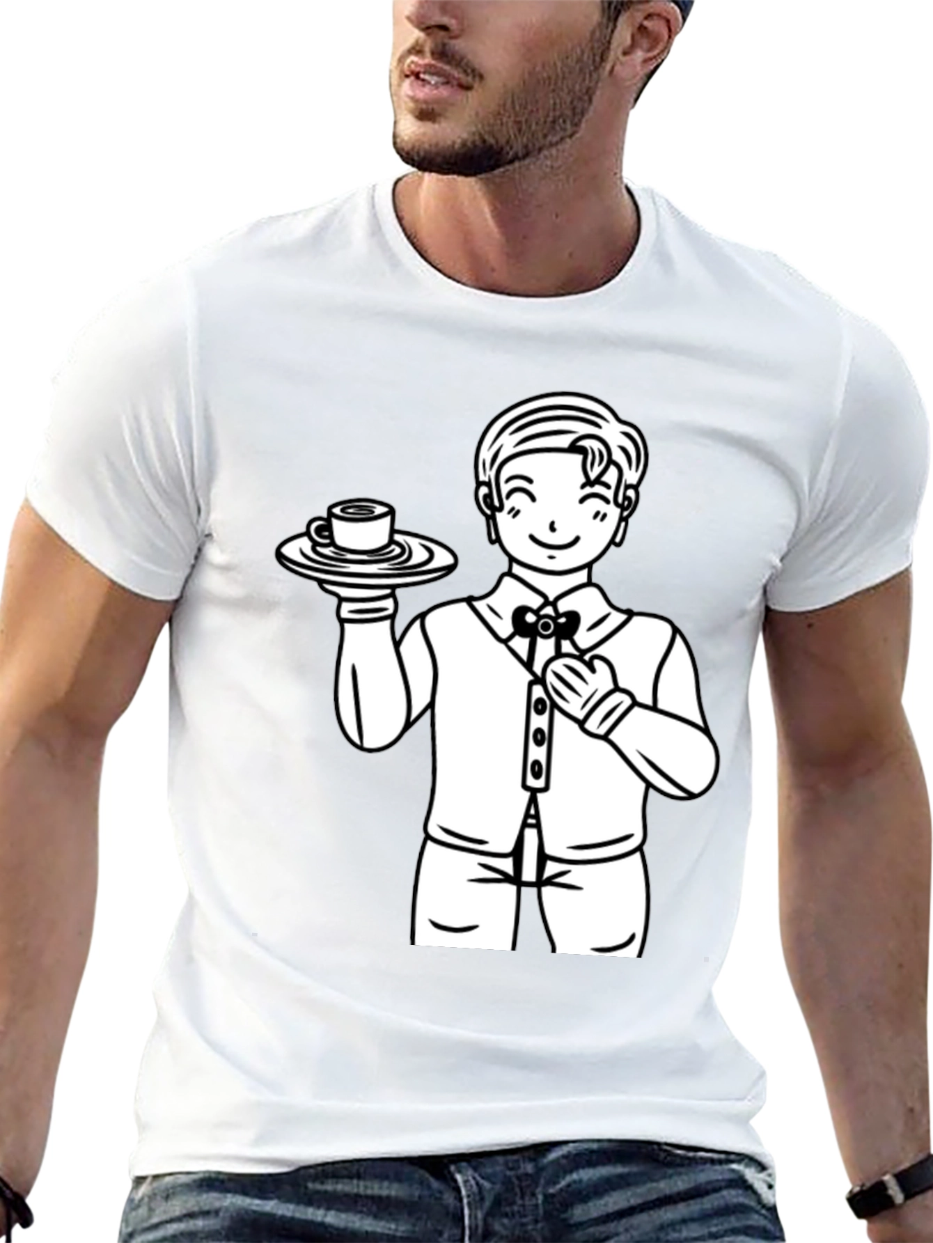 Cartoon Waiter Graphic Tee - Black