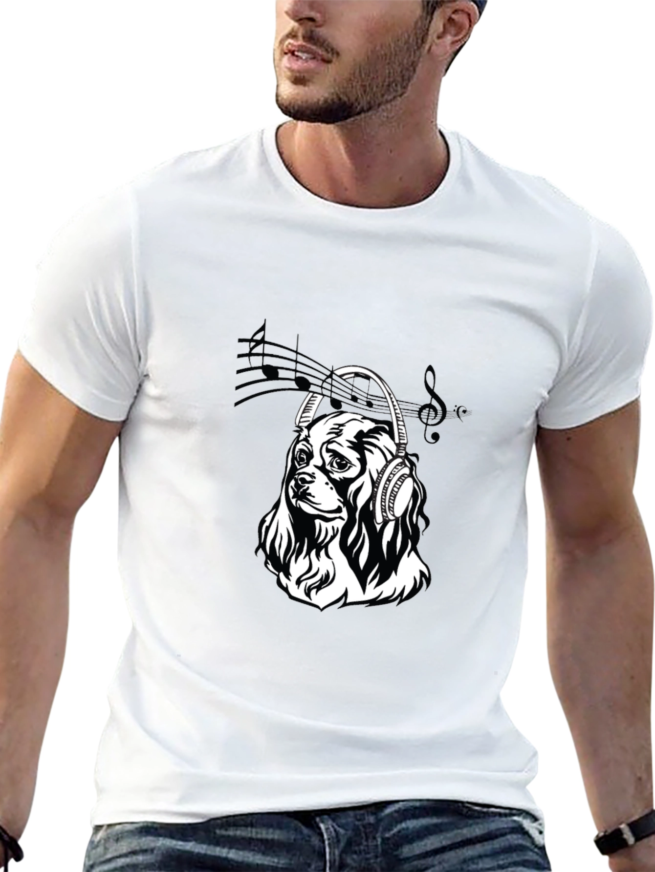 Dog with Headphones Black T-Shirt