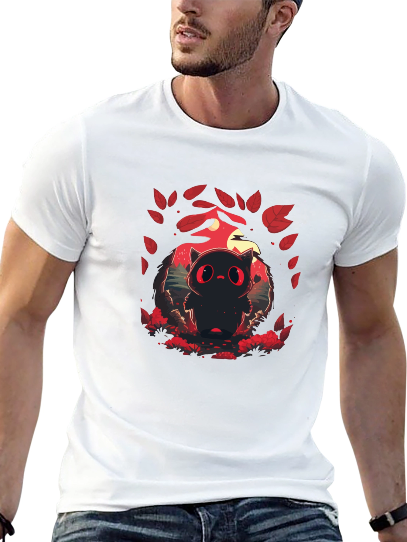 Cute Red-Eyed Black Cat Graphic T-Shirt