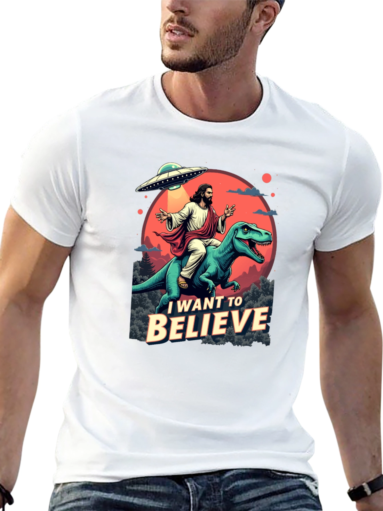 I Want to Believe T-Shirt: Jesus Riding Dinosaur UFO