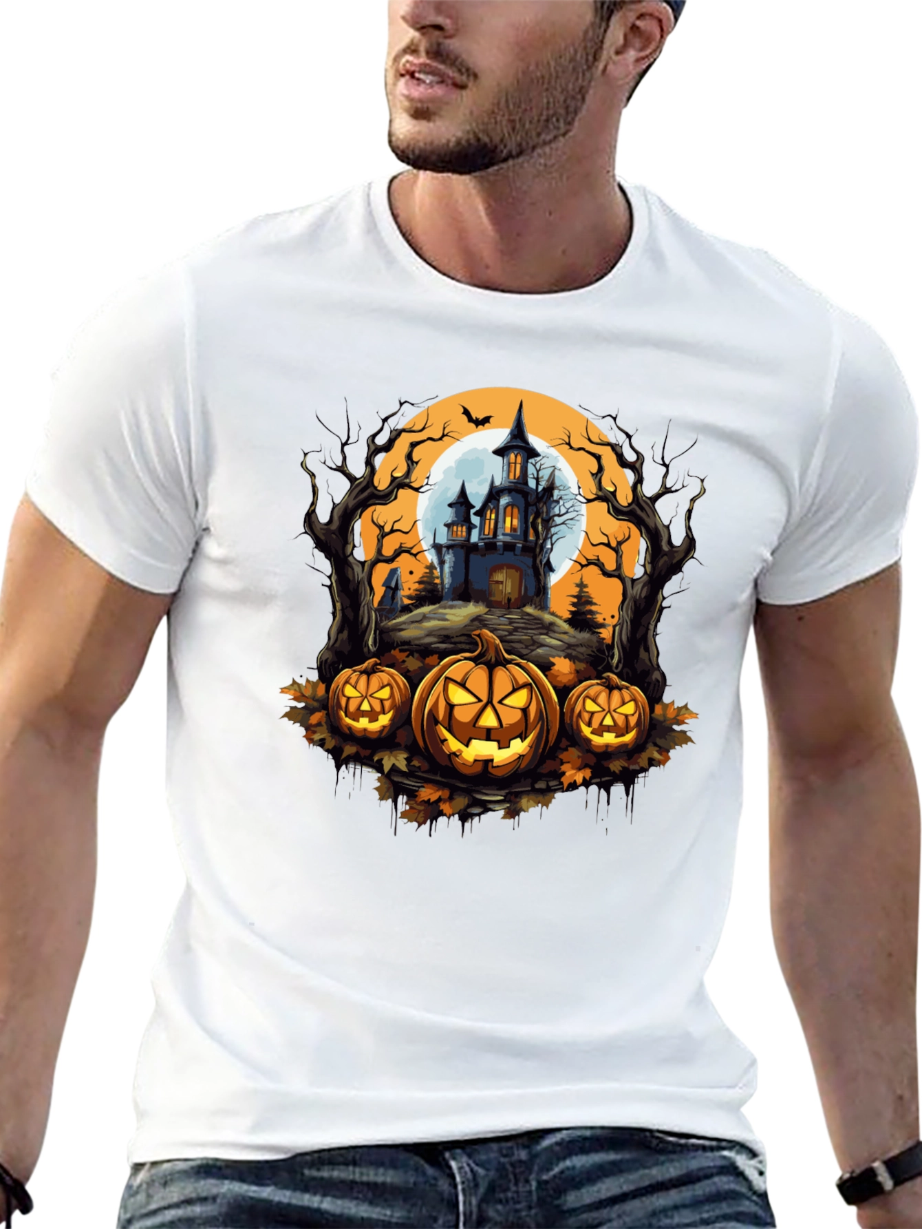 Halloween T-Shirt - Spooky House & Pumpkins Design