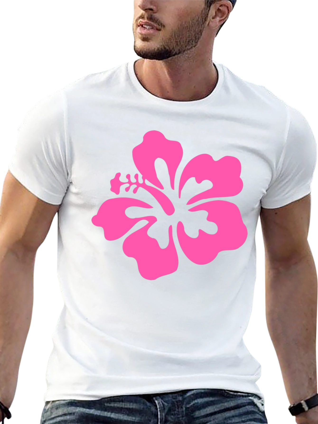 Pink Hibiscus Flower Black T-Shirt
