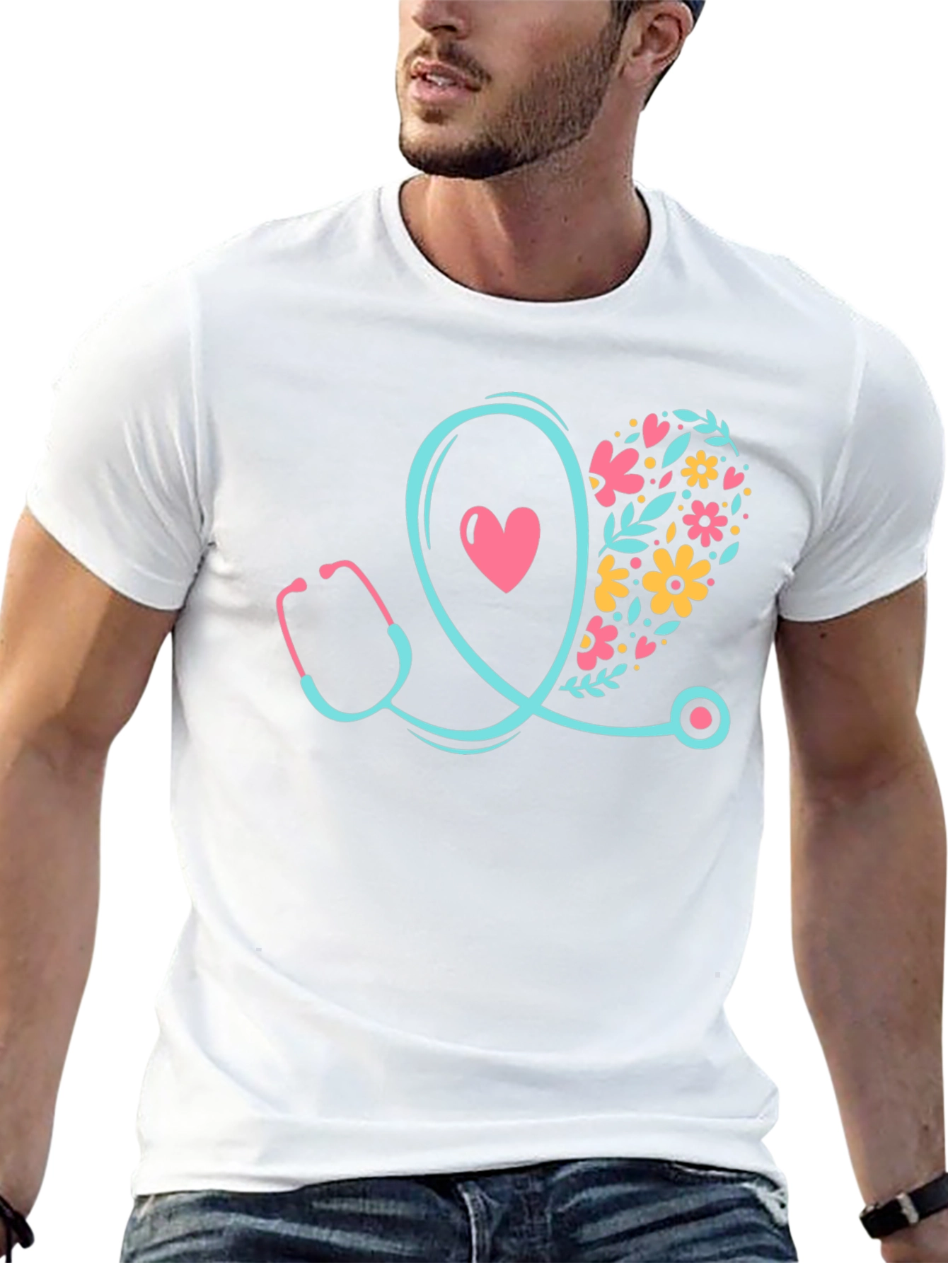 Nurse Stethoscope Heart Floral Design T-Shirt