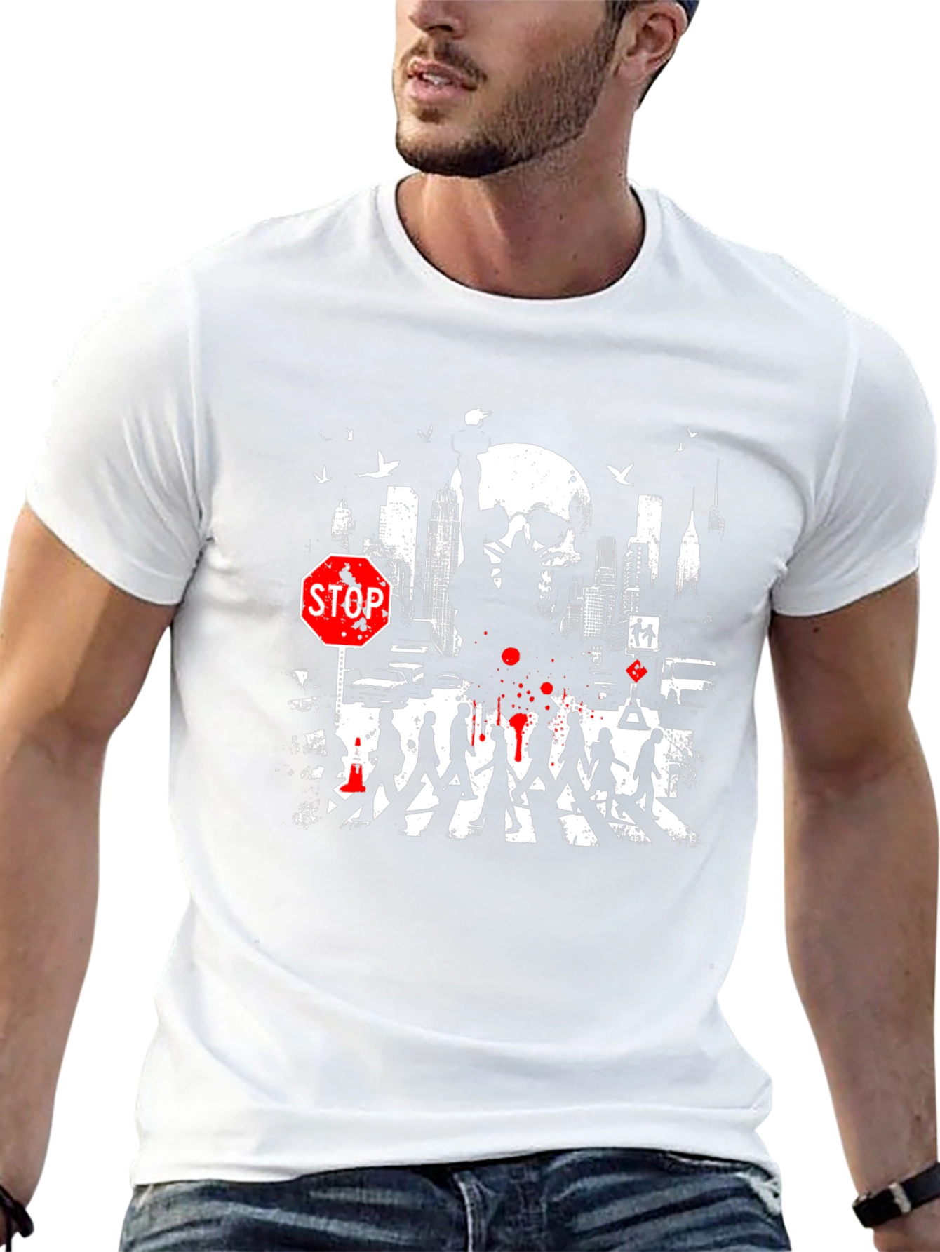 Urban Nightmare Graphic T-Shirt - Skull Cityscape Stop Sign