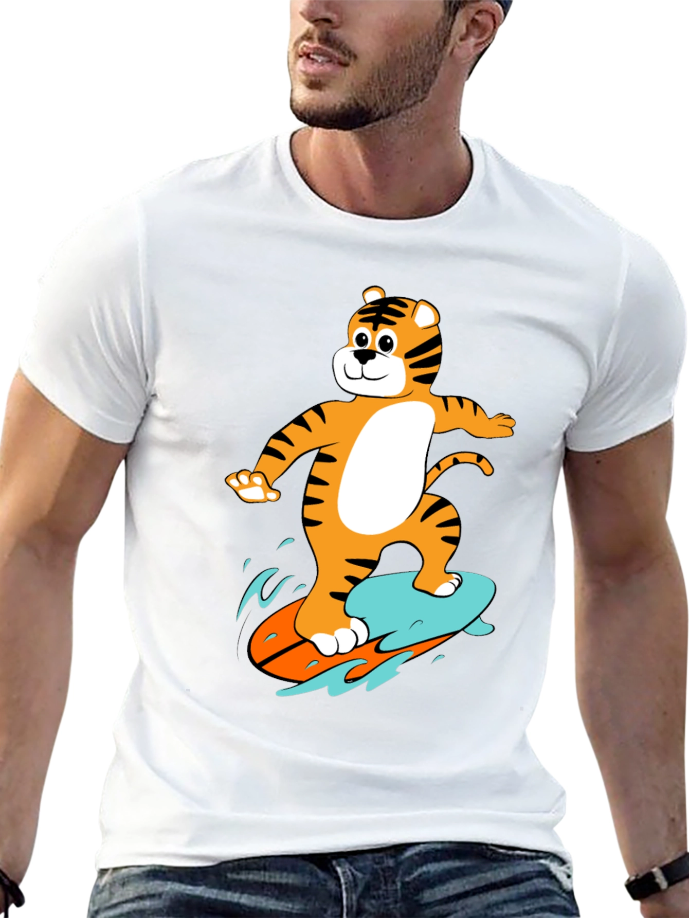 Tiger Surfing Graphic Tee - Black Cotton T-Shirt