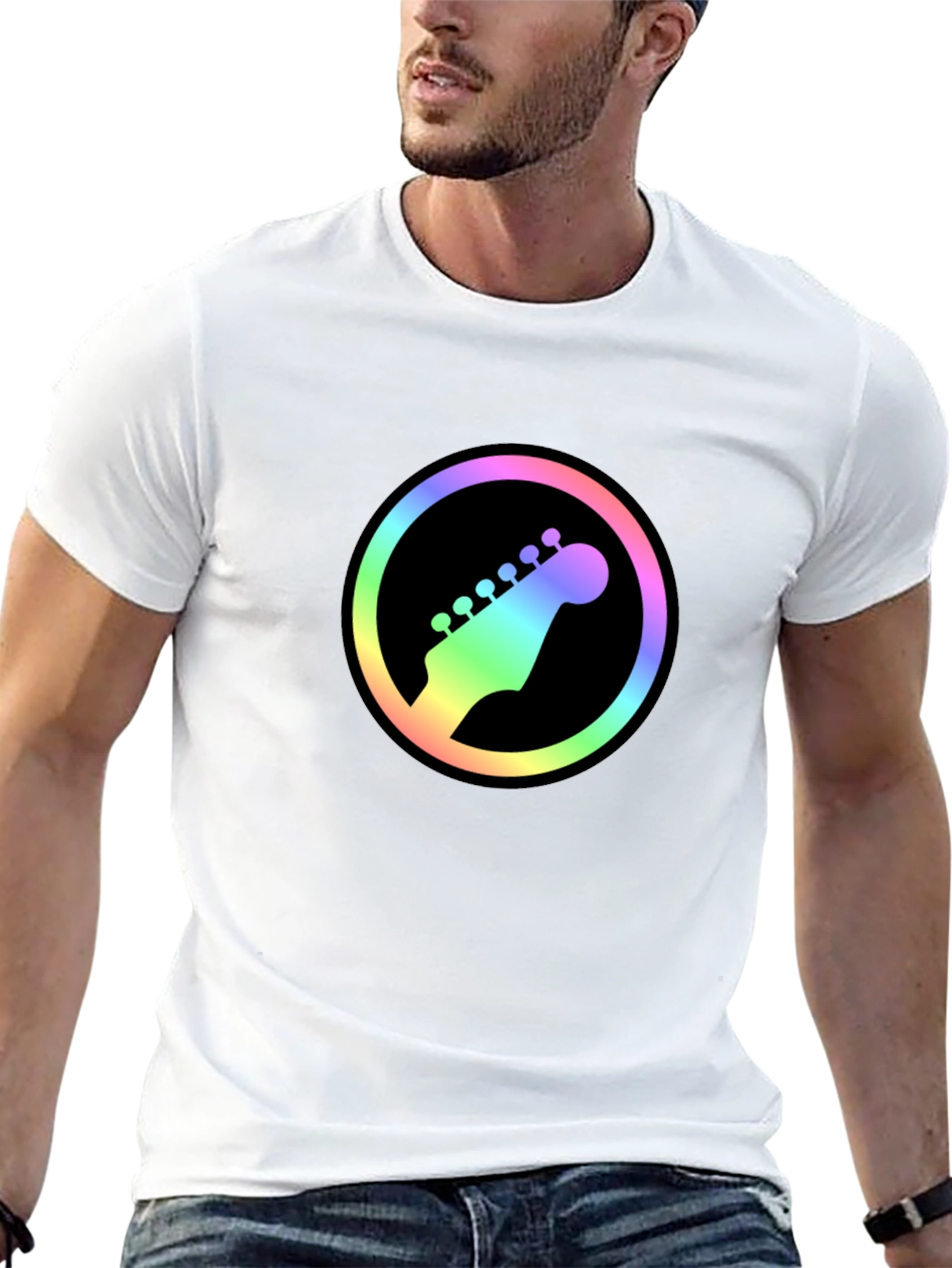 Rainbow Guitar Headstock Graphic Tee - Black Cotton Shirt