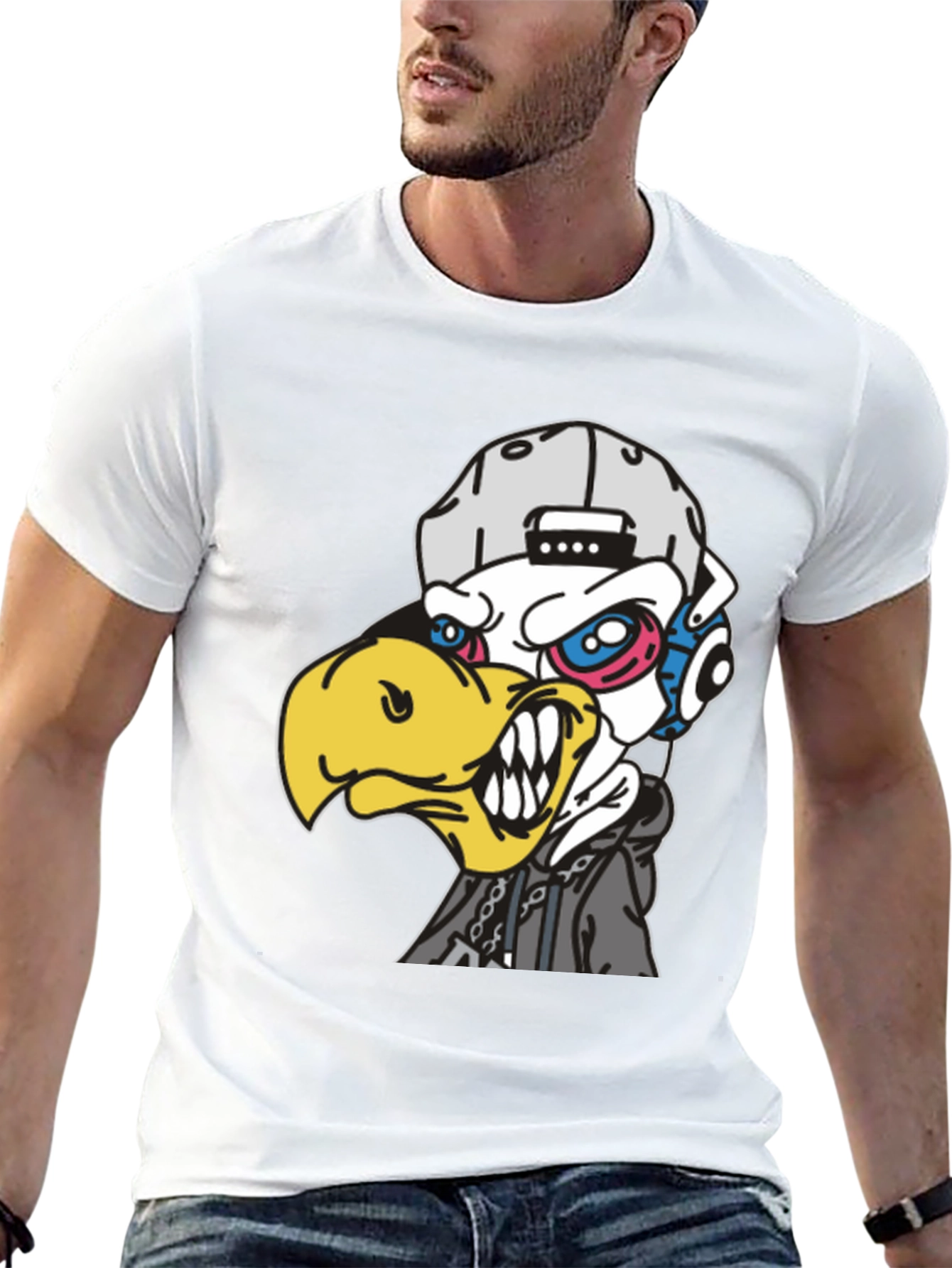 Edgy Cartoon Eagle Graphic T-Shirt